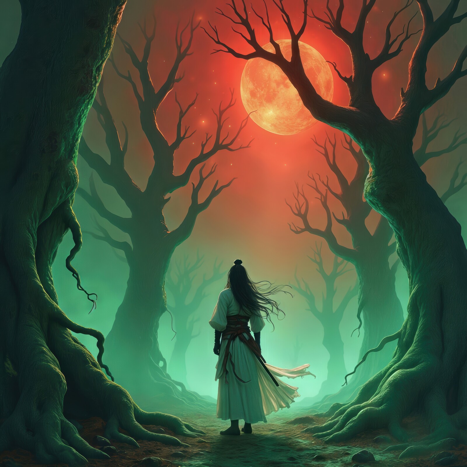 Mysterious journey through an enchanted forest under a glowing red moon at twilight