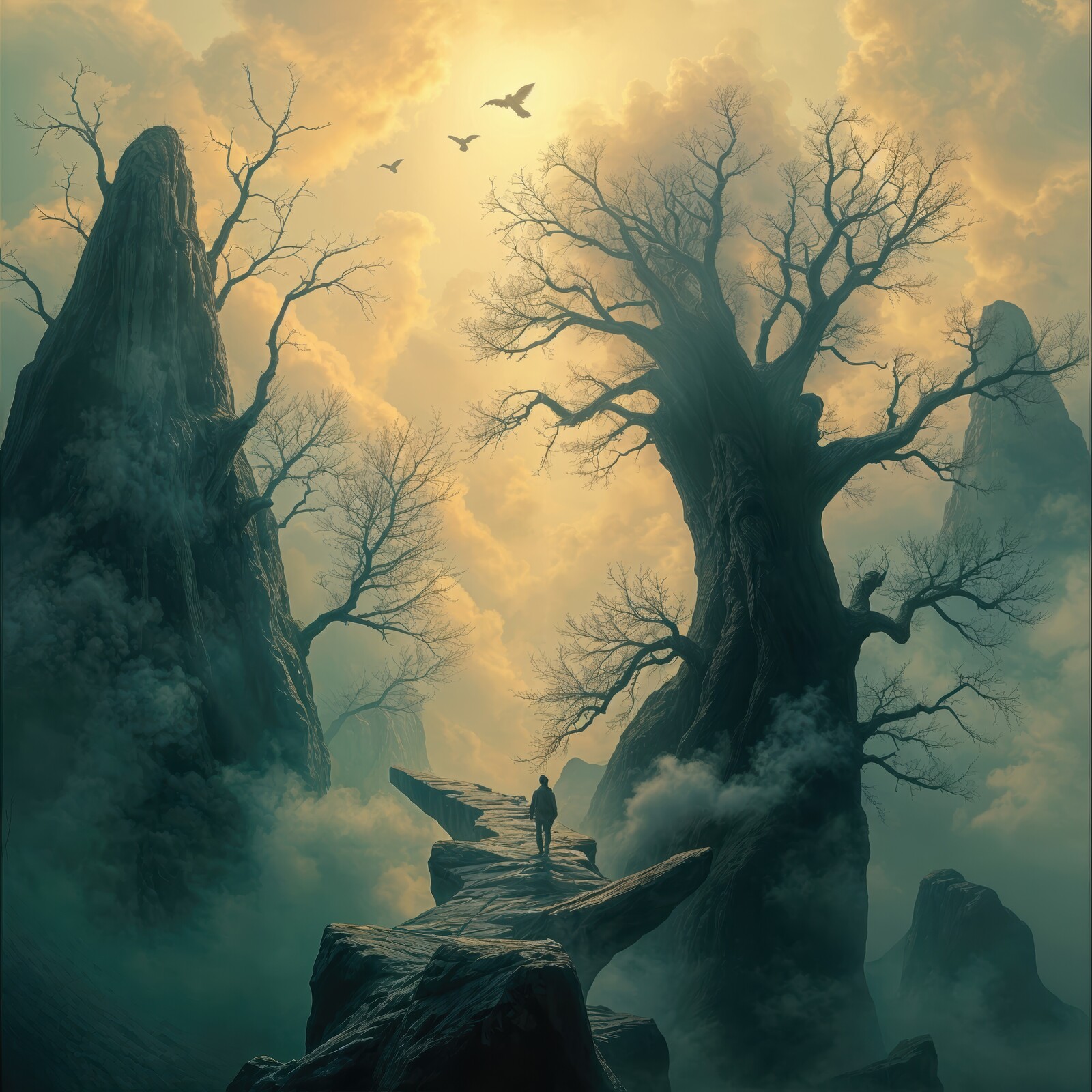 Mysterious journey through enchanted mountains under a glowing sky at dawn