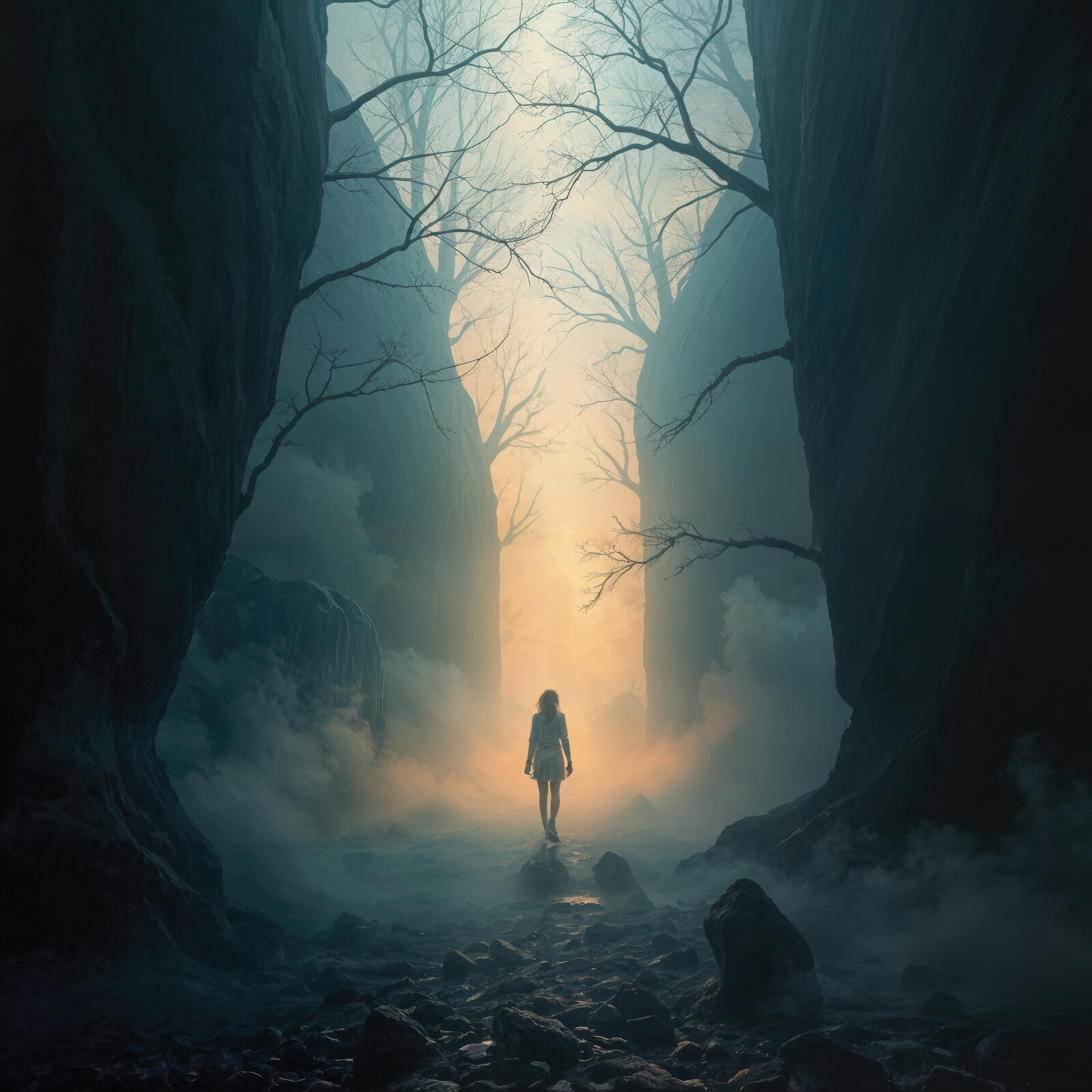 Mysterious journey through a foggy canyon at dusk with silhouette of a wanderer