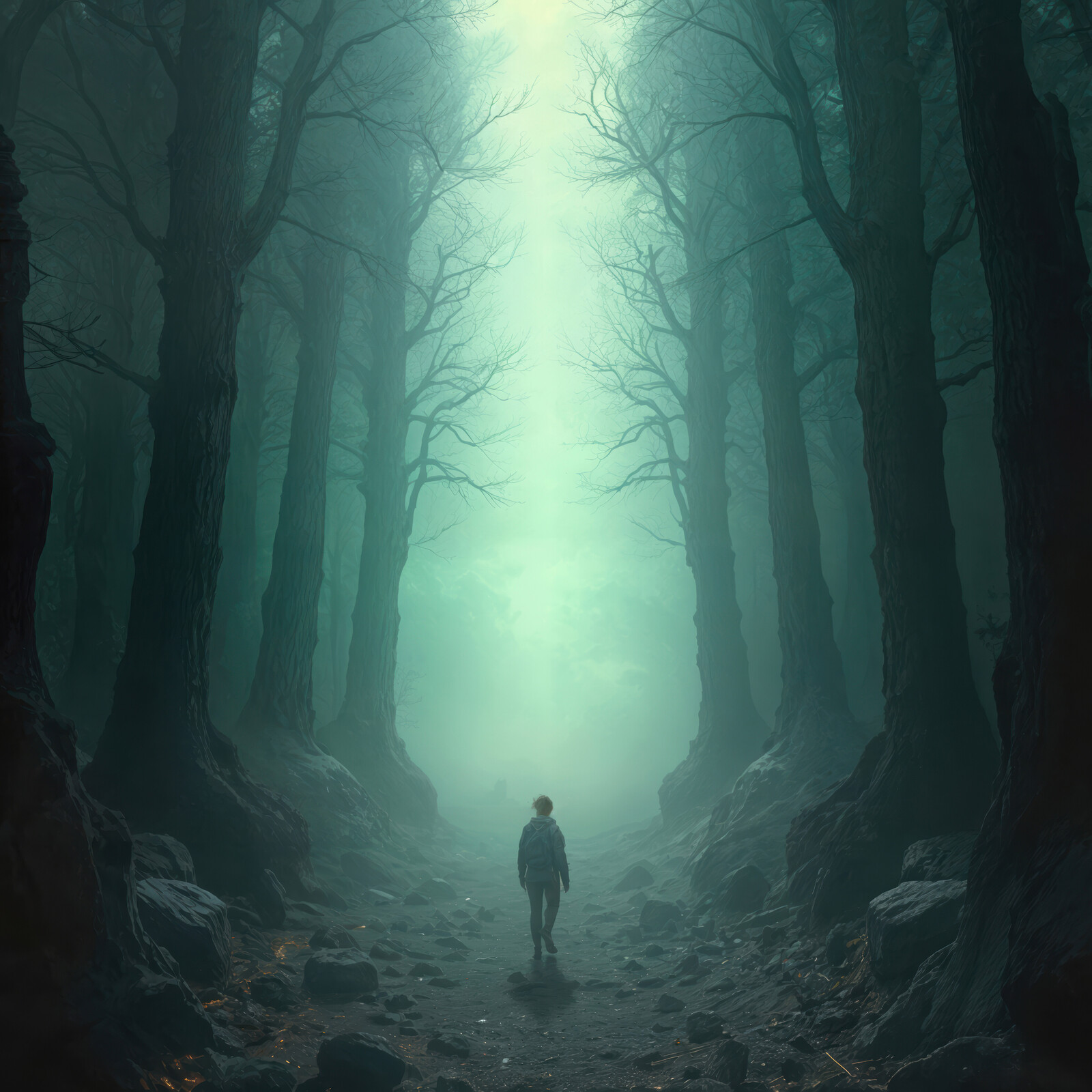 Mysterious journey through a foggy forest path at dawn with a solitary figure exploring the unknown