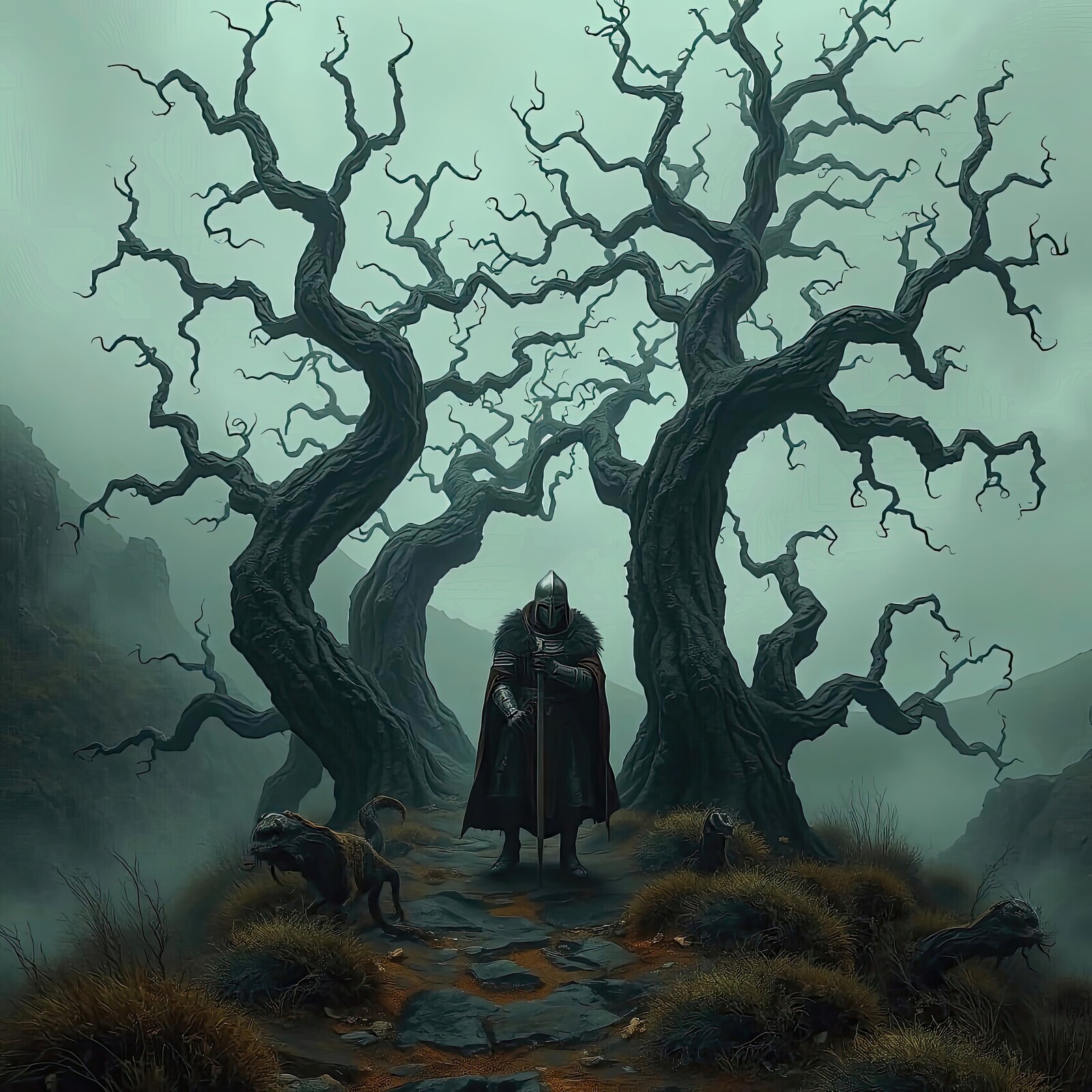 Mysterious knight stands among twisted trees in eerie landscape during twilight hours