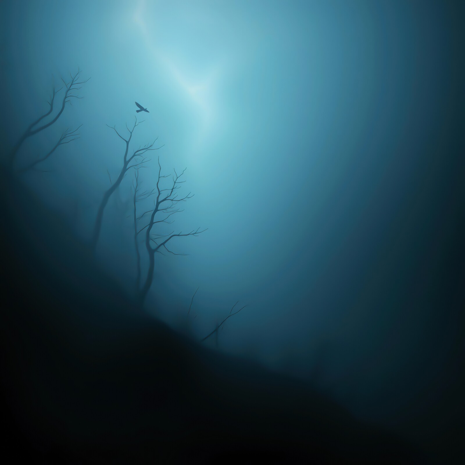 Mysterious liminal landscape enveloped in fog with a solitary bird soaring above dark silhouettes