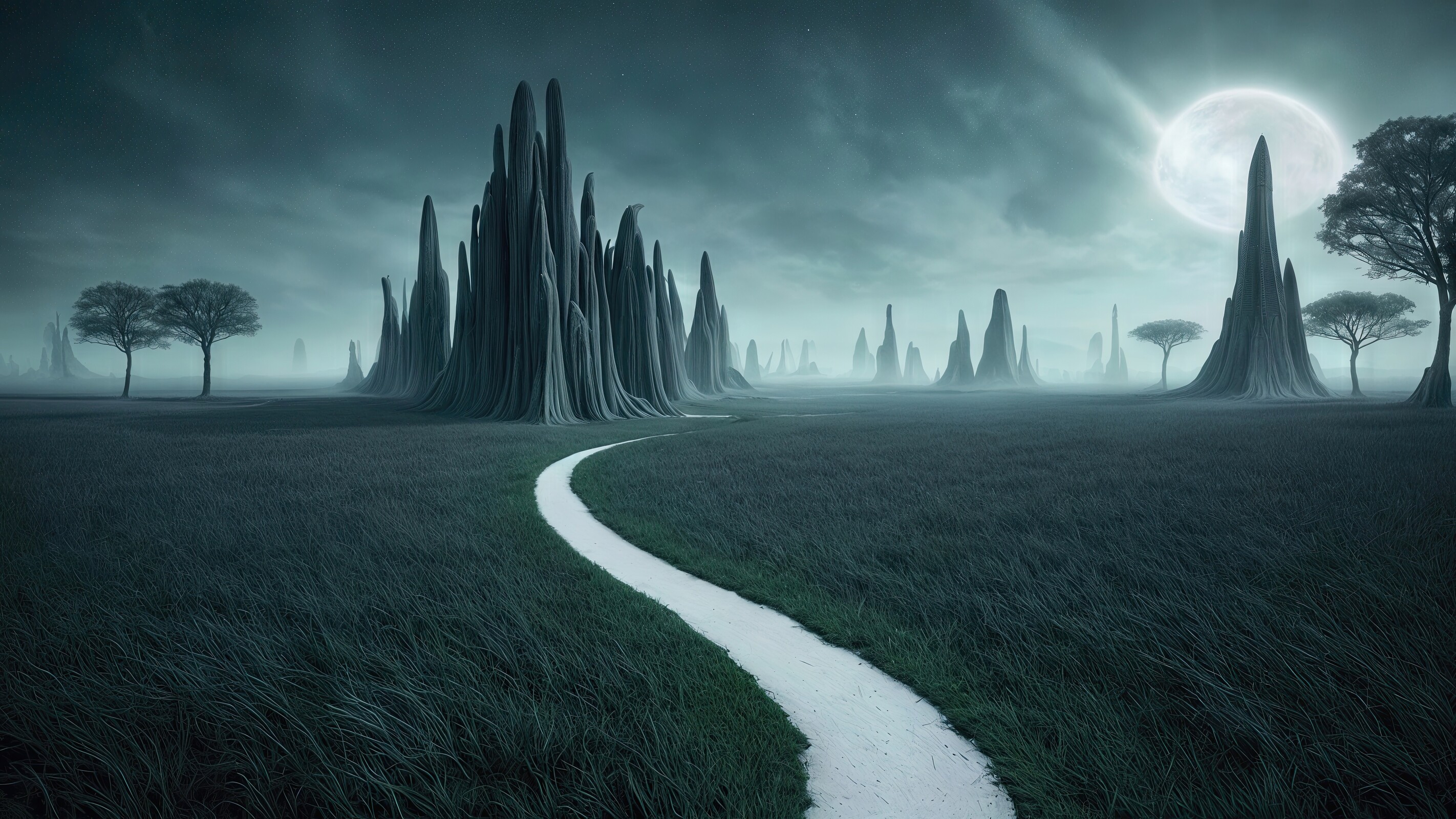 Mysterious landscape under a full moon with jagged rock formations and a winding path