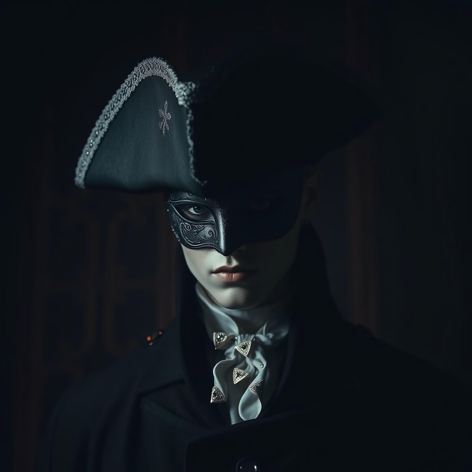 Mysterious masked figure in elaborate attire during a dimly lit event at an old mansion