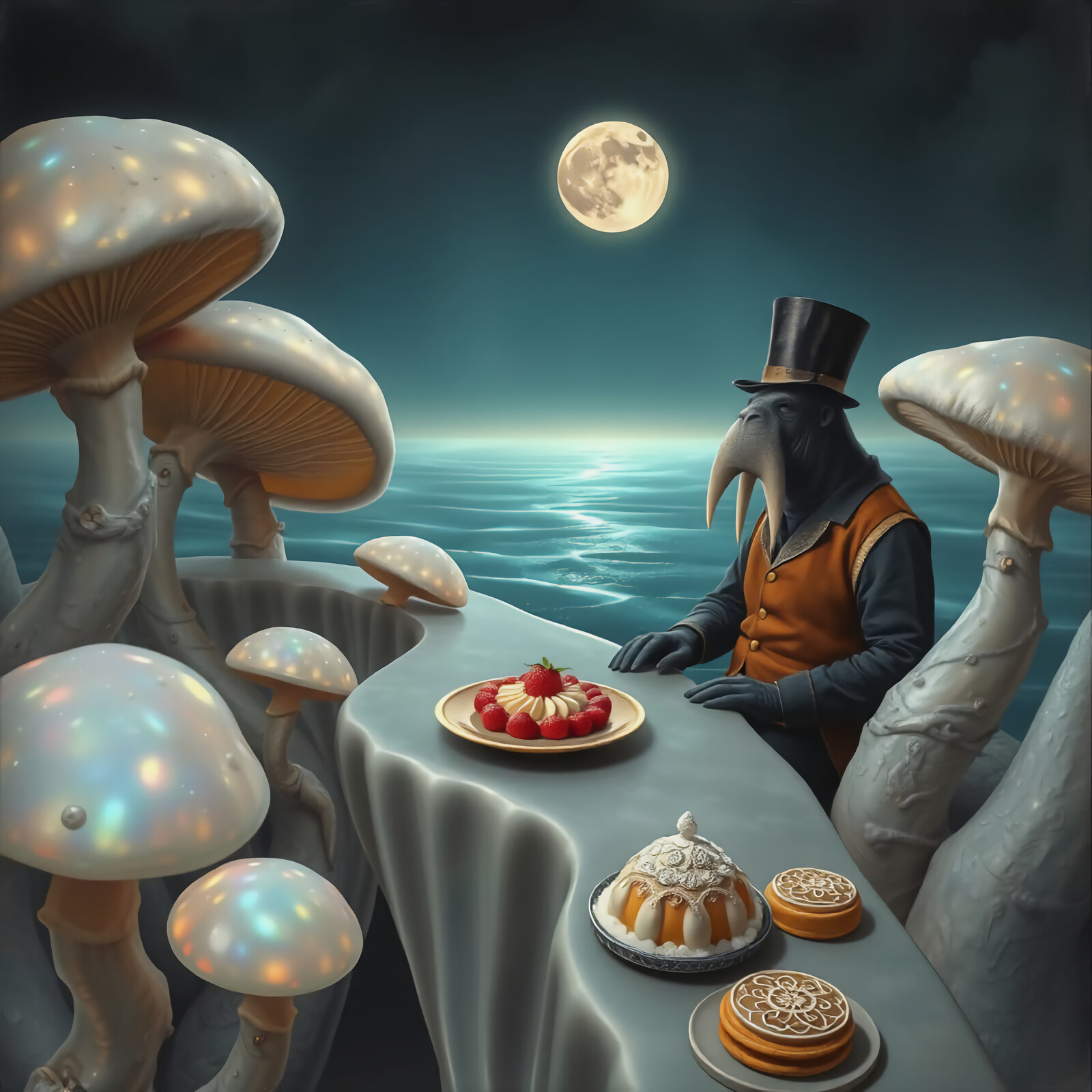 Mysterious nocturnal feast at the shore under the full moon