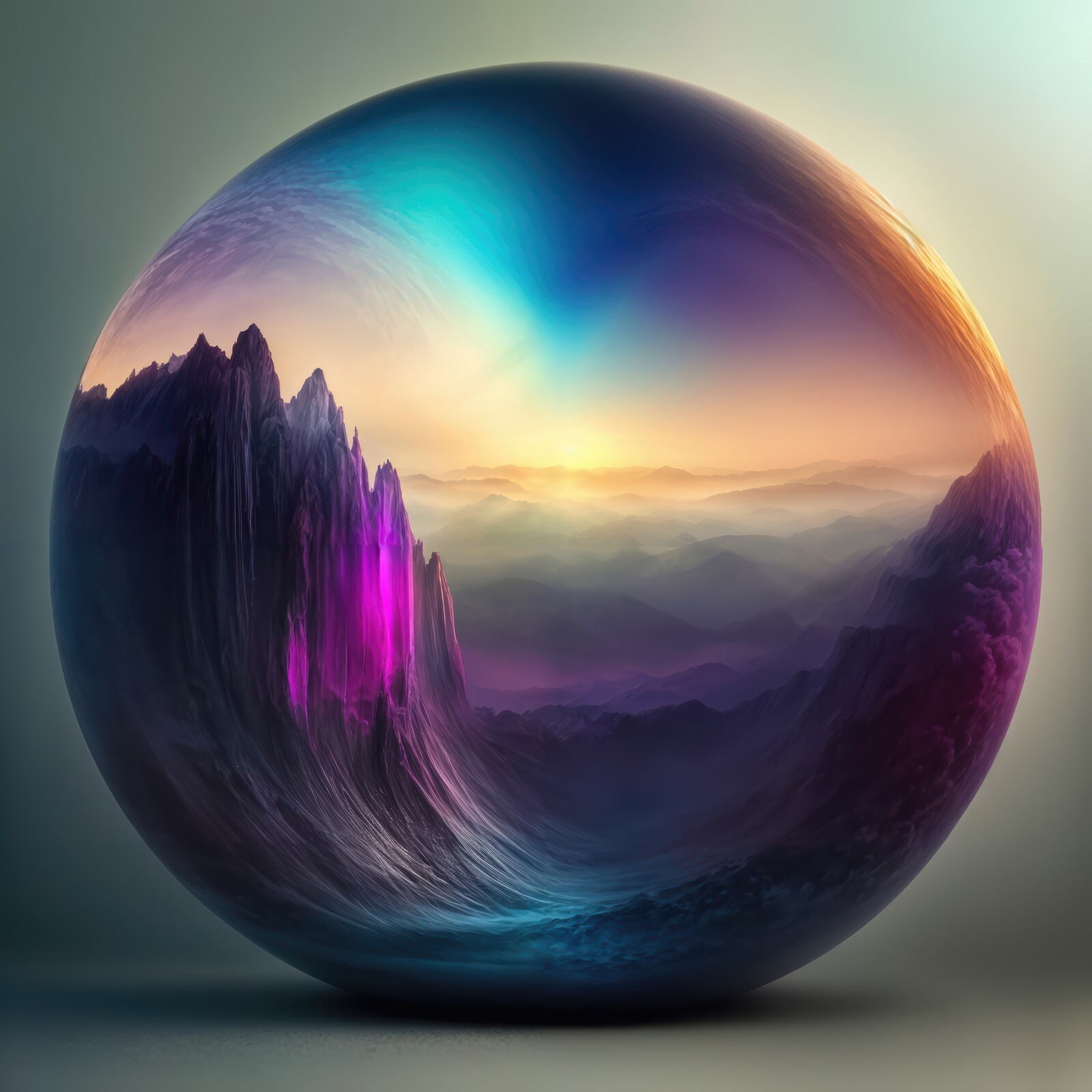 Exploring a mysterious orb reflecting vibrant landscapes at twilight