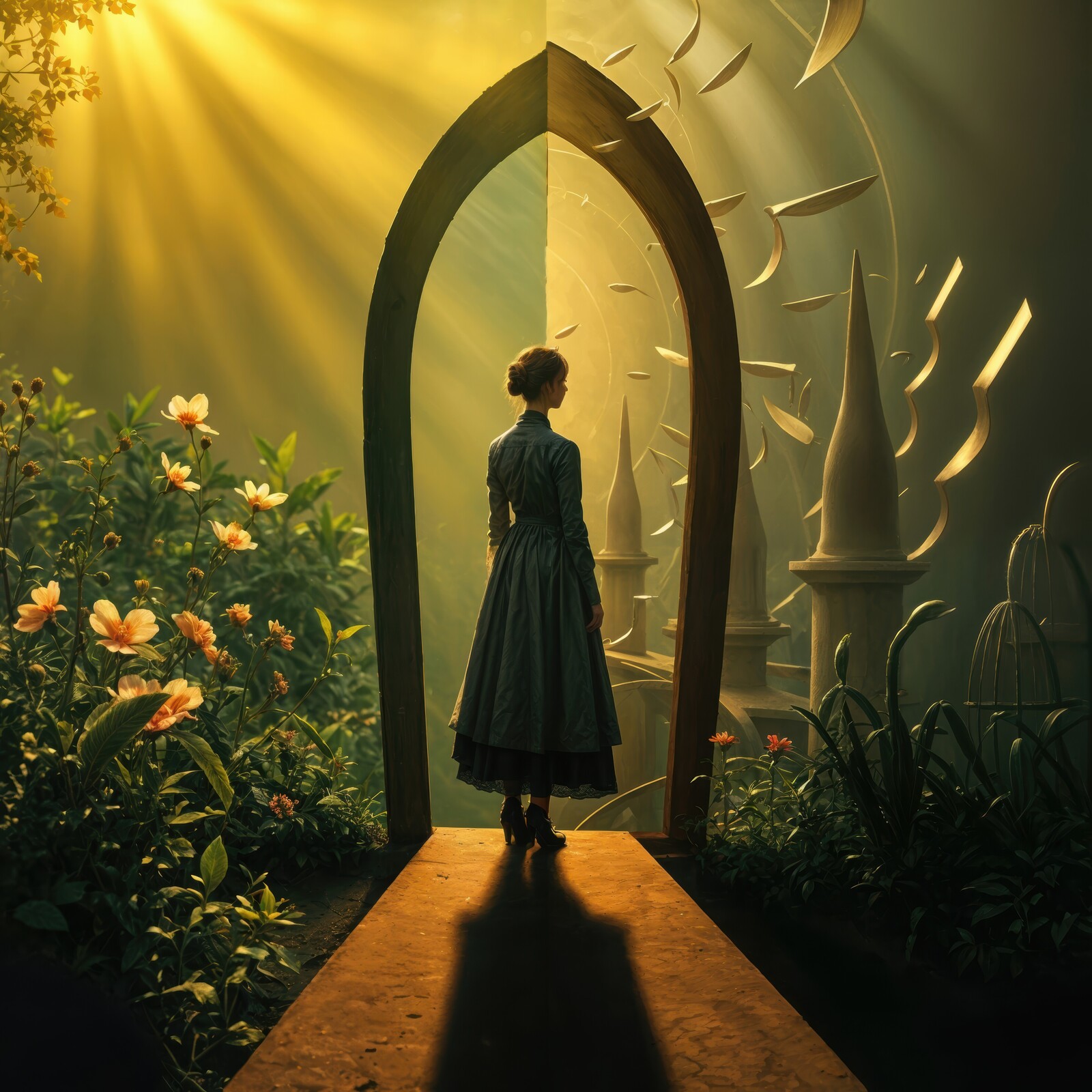 Mysterious passage invites exploration into a vibrant dreamlike world at twilight