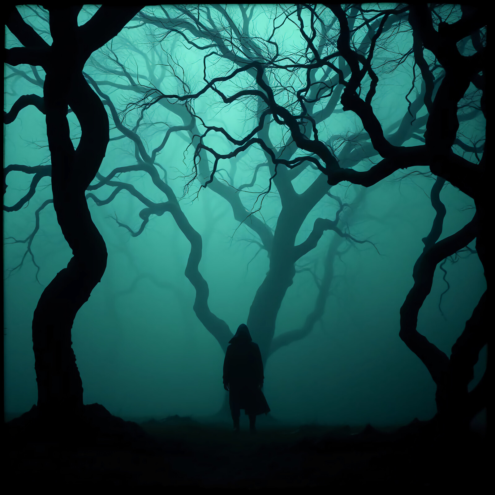 Mysterious rogue wandering through a dense, fog-covered forest at twilight