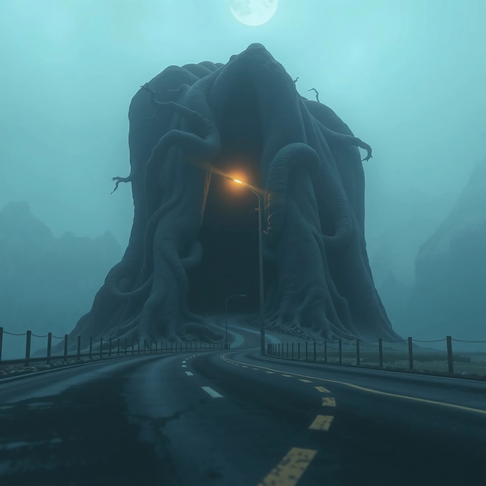 Mysterious tree-like structure looms over a lonely road under a haunting moonlight