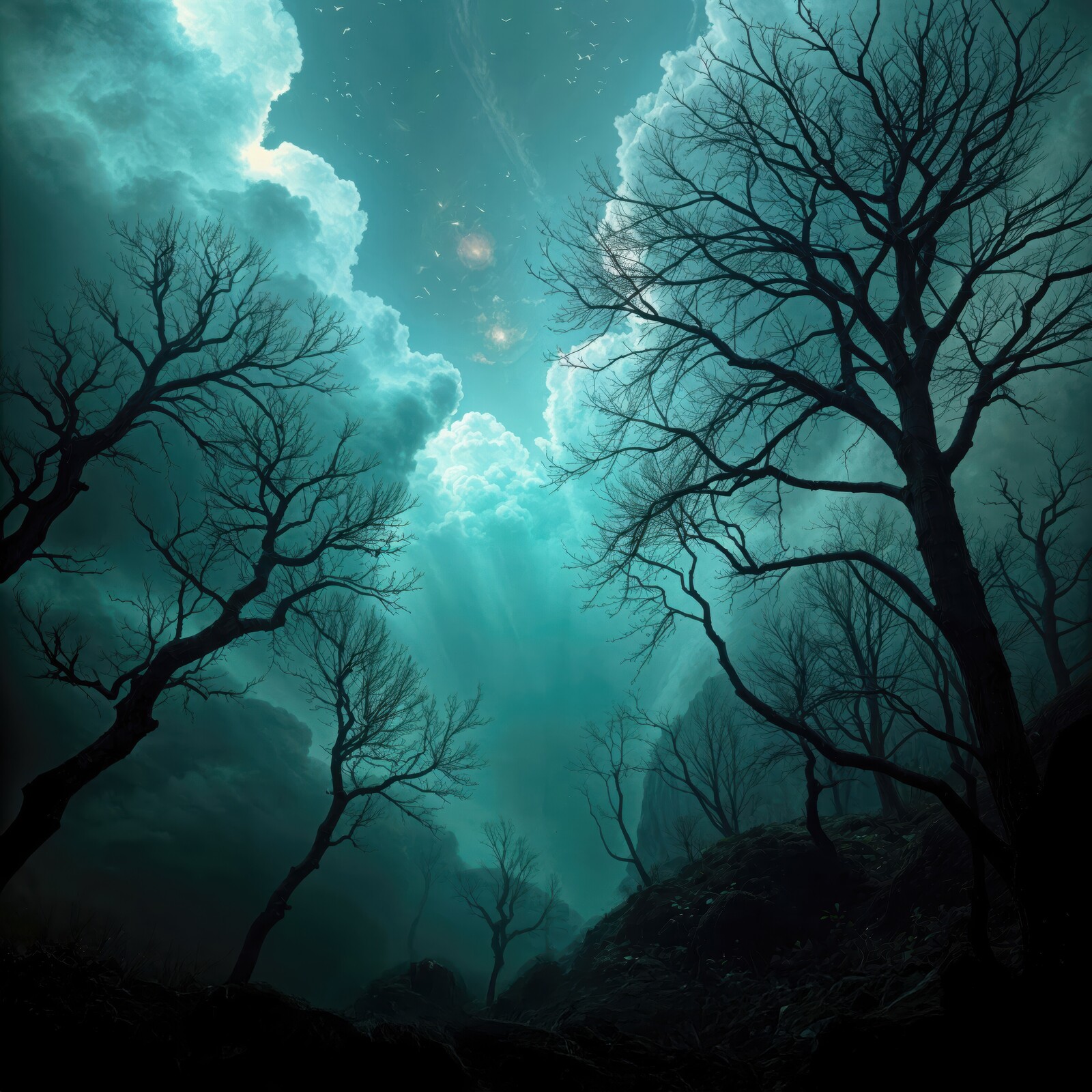 Mysterious twilight forest reveals cosmic wonders amidst dark trees