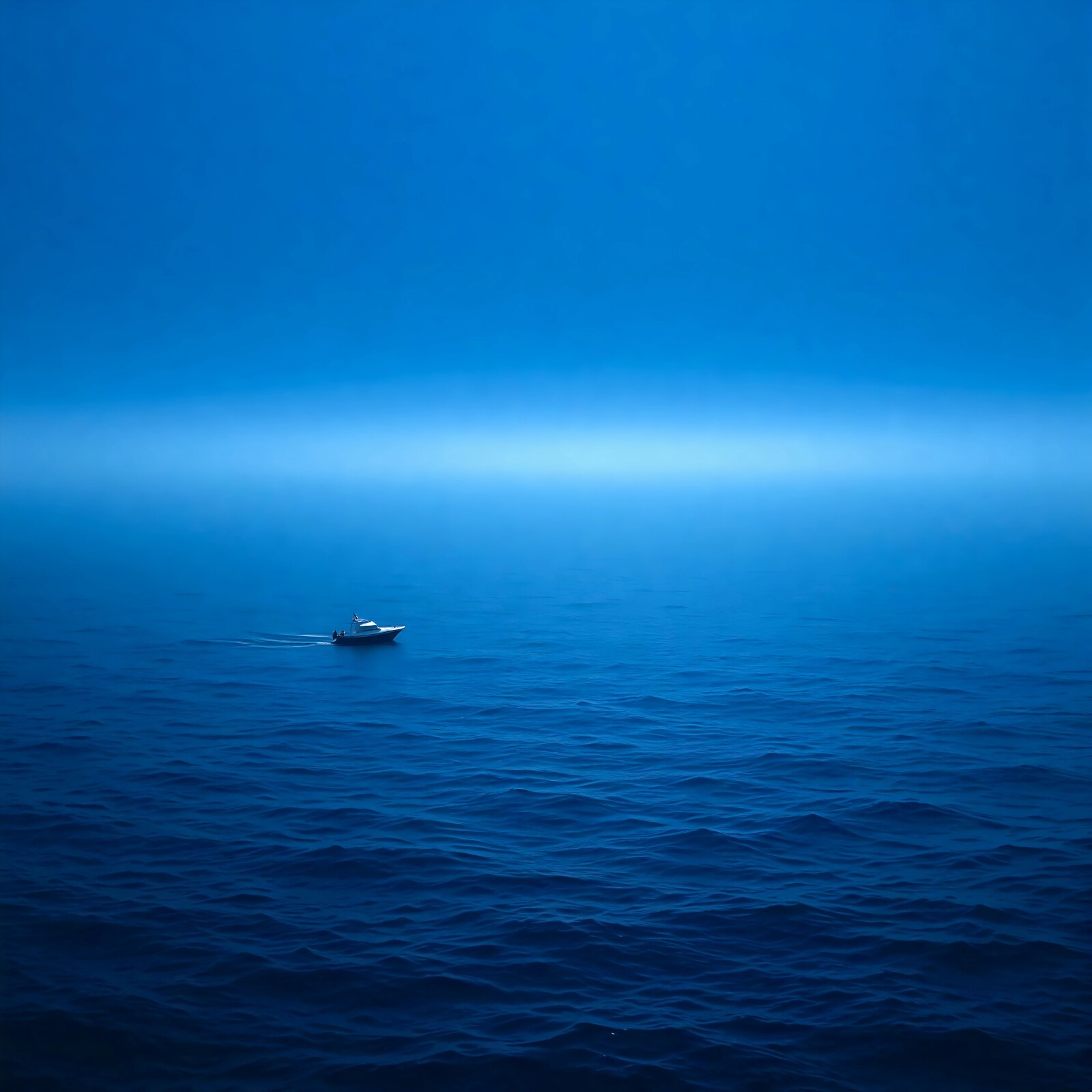 Mysterious liminal voyage across the endless blue ocean at dawn, revealing tranquility and isolation in nature