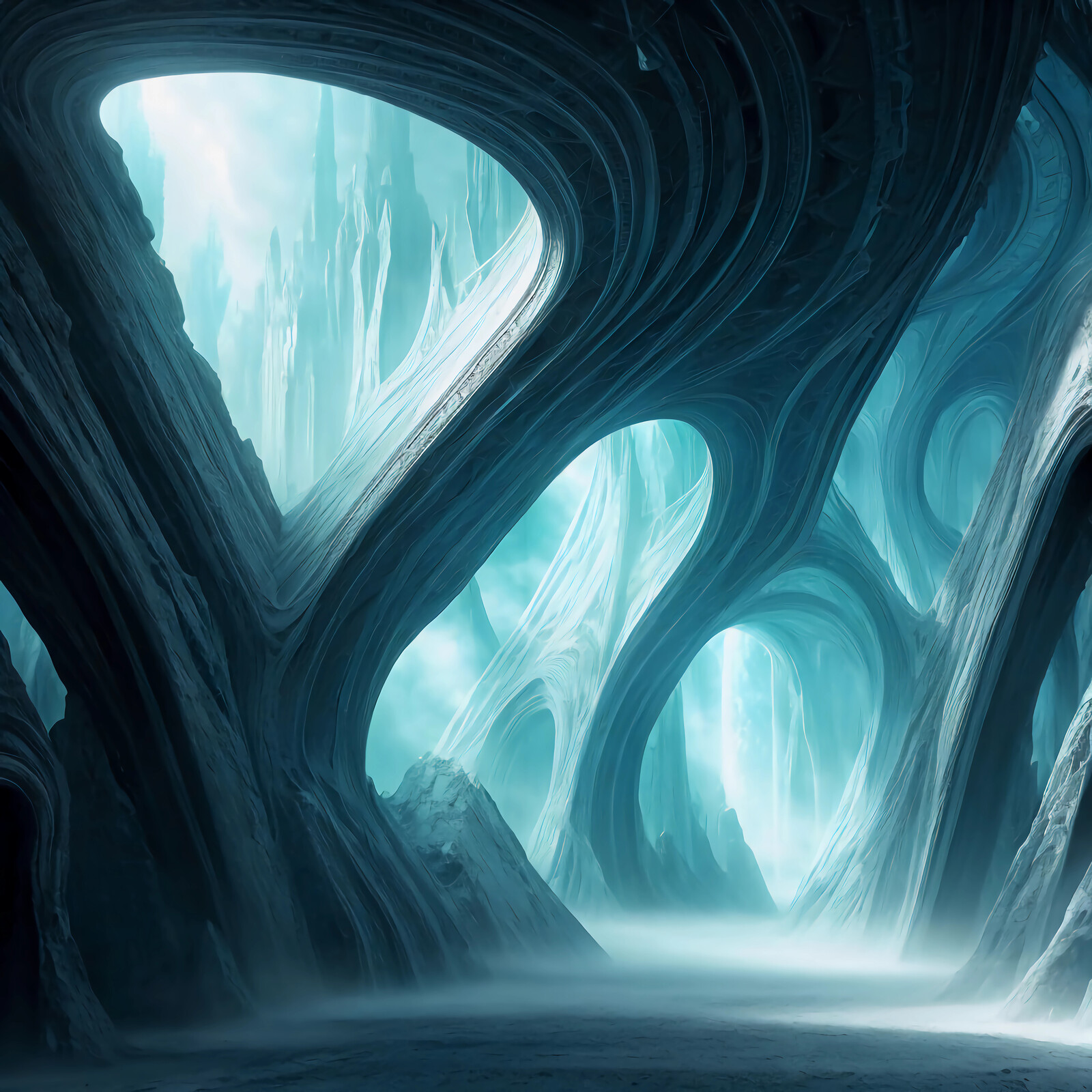 Mystical liminal cavern illuminated by ethereal light in a surreal, otherworldly landscape