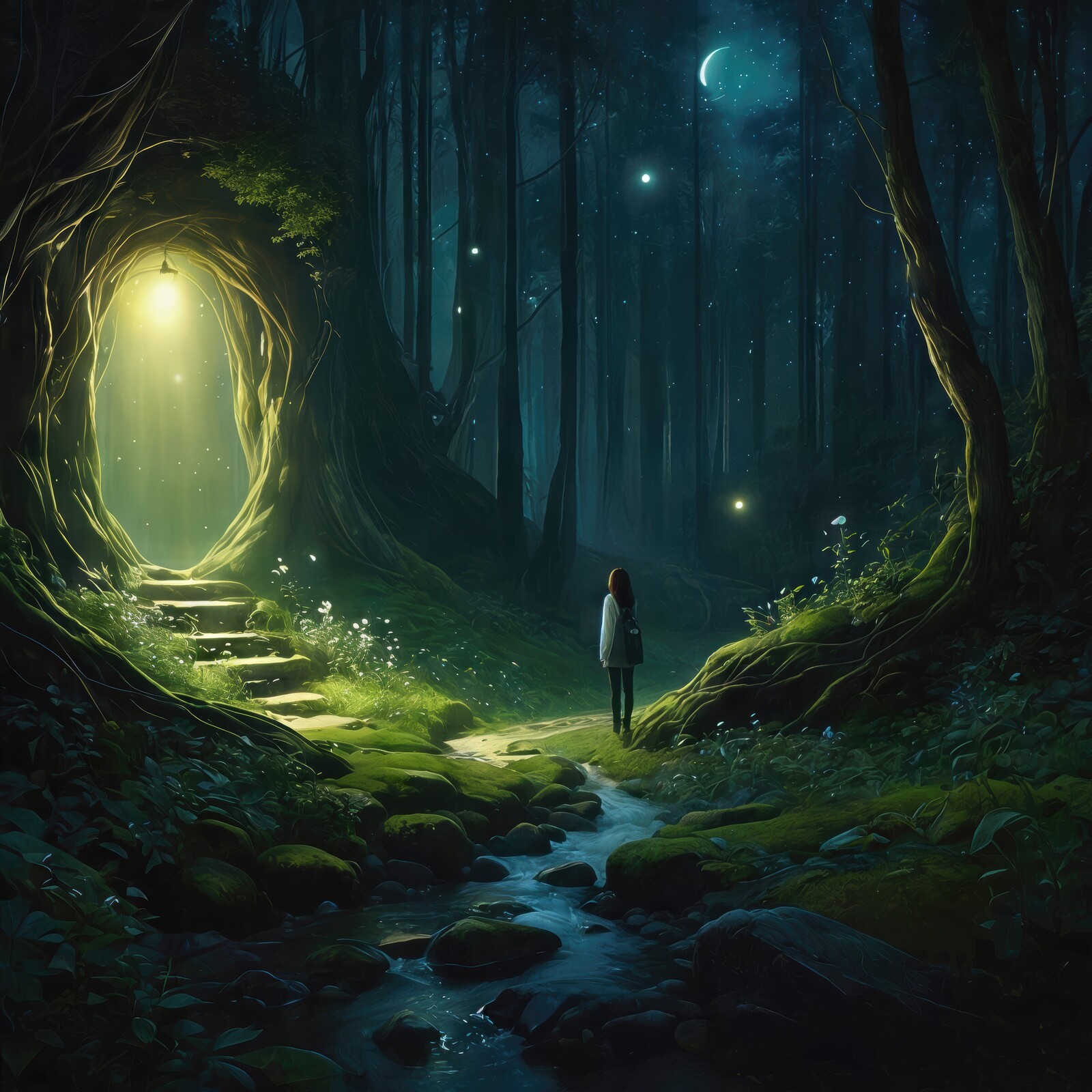Mystical entrance in the enchanted forest invites curious wanderers to explore the unknown at twilight