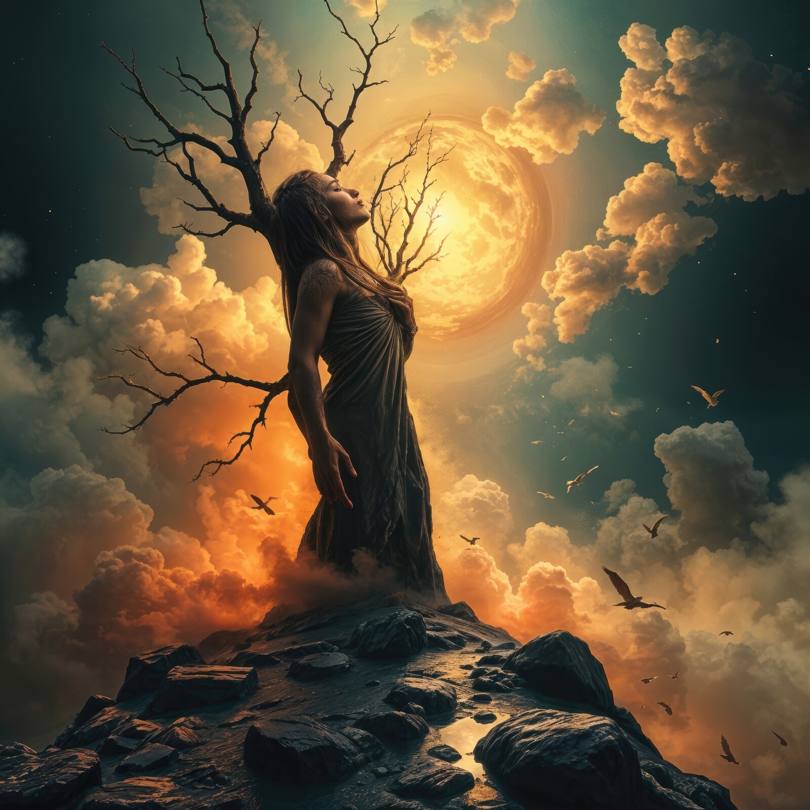 Emotional ascent of nature as a mystical woman embraces the glowing moonrise amidst clouds at twilight