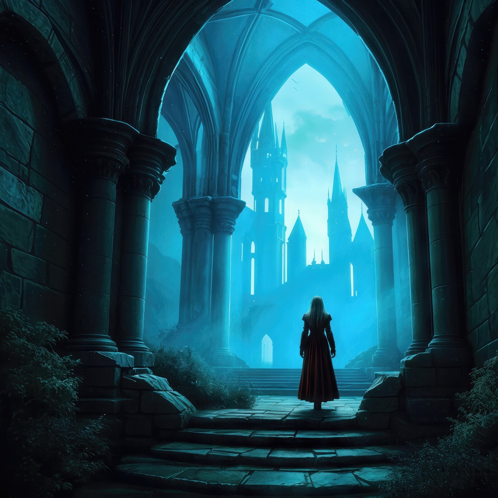 Mystical vampire gazes upon ancient castle under a twilight sky in a forgotten realm