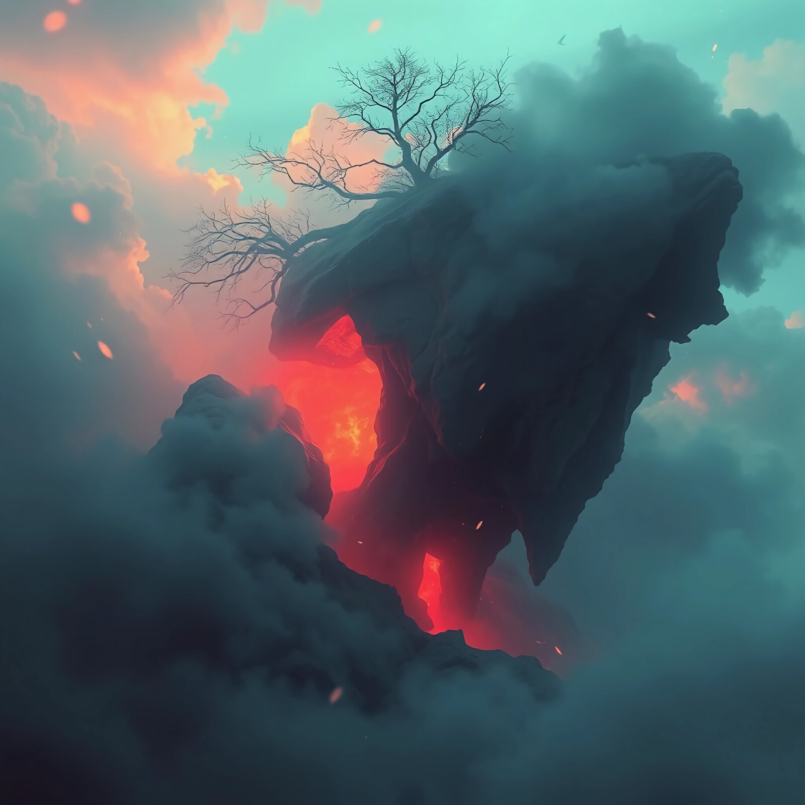 Mystical floating landscape with a glowing mountain and a solitary tree at twilight
