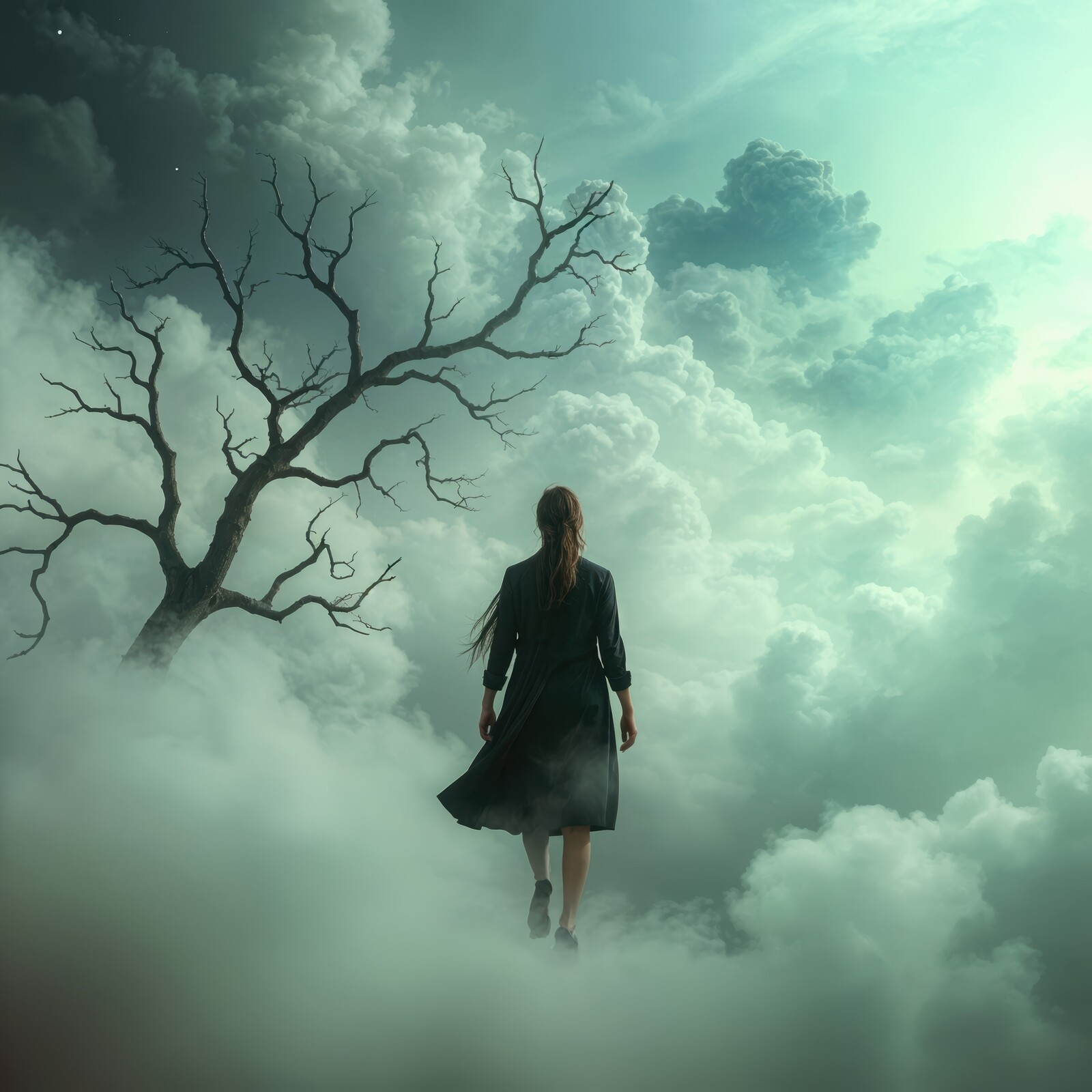 Mystical journey through ethereal clouds under a moonlit sky with a solitary figure emerging from twilight