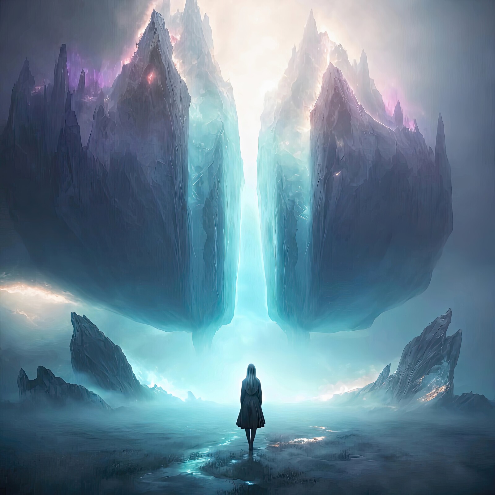 Exploring a mystical landscape where glowing mountains meet an ethereal light at dawn