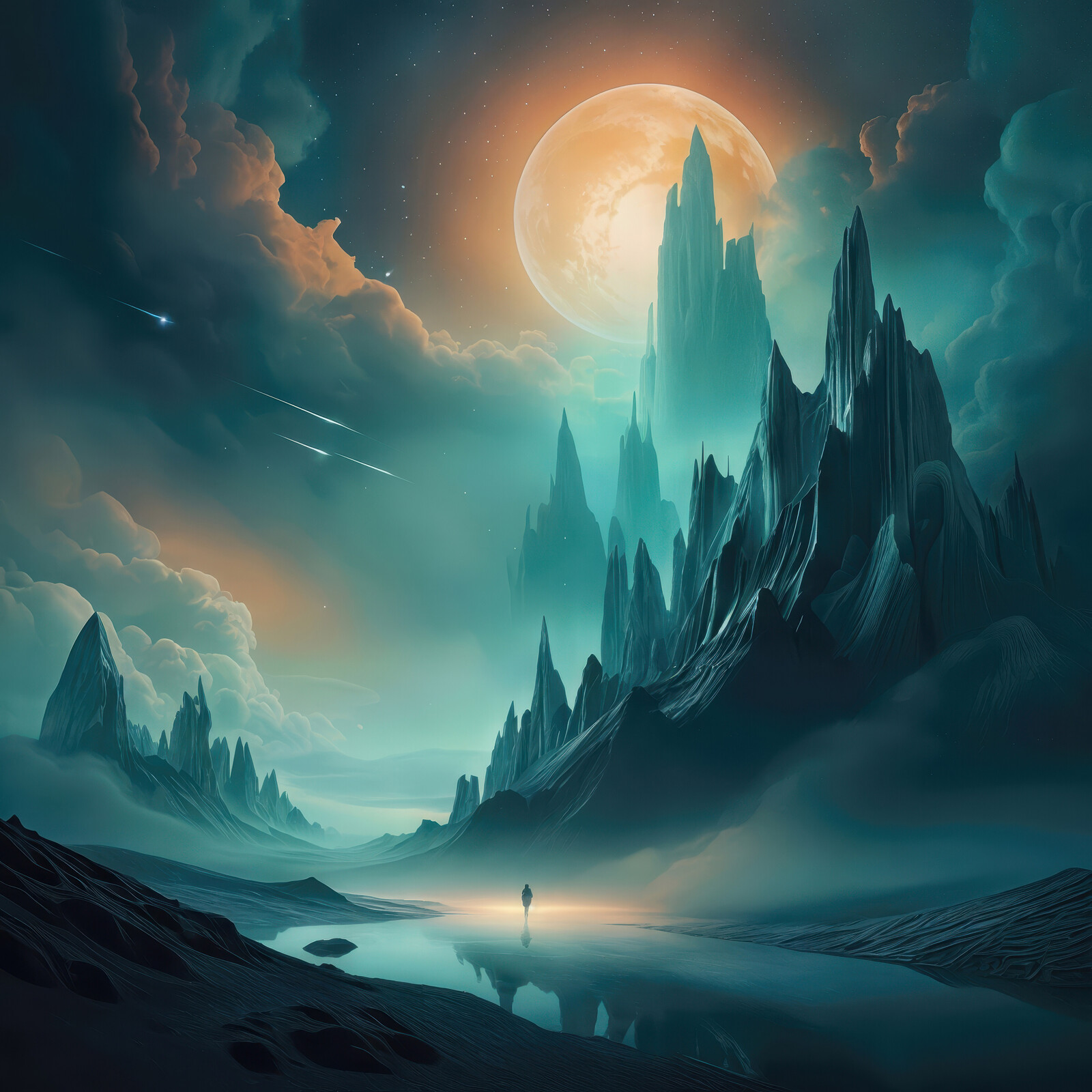 Mystical landscape under a luminous moon and towering rocky formations