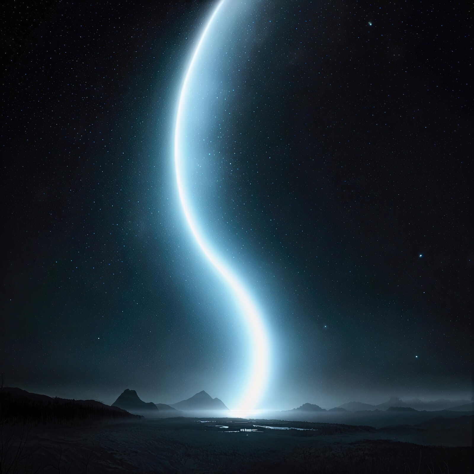 Mystical light curve illuminates a dark landscape under starlit sky at night