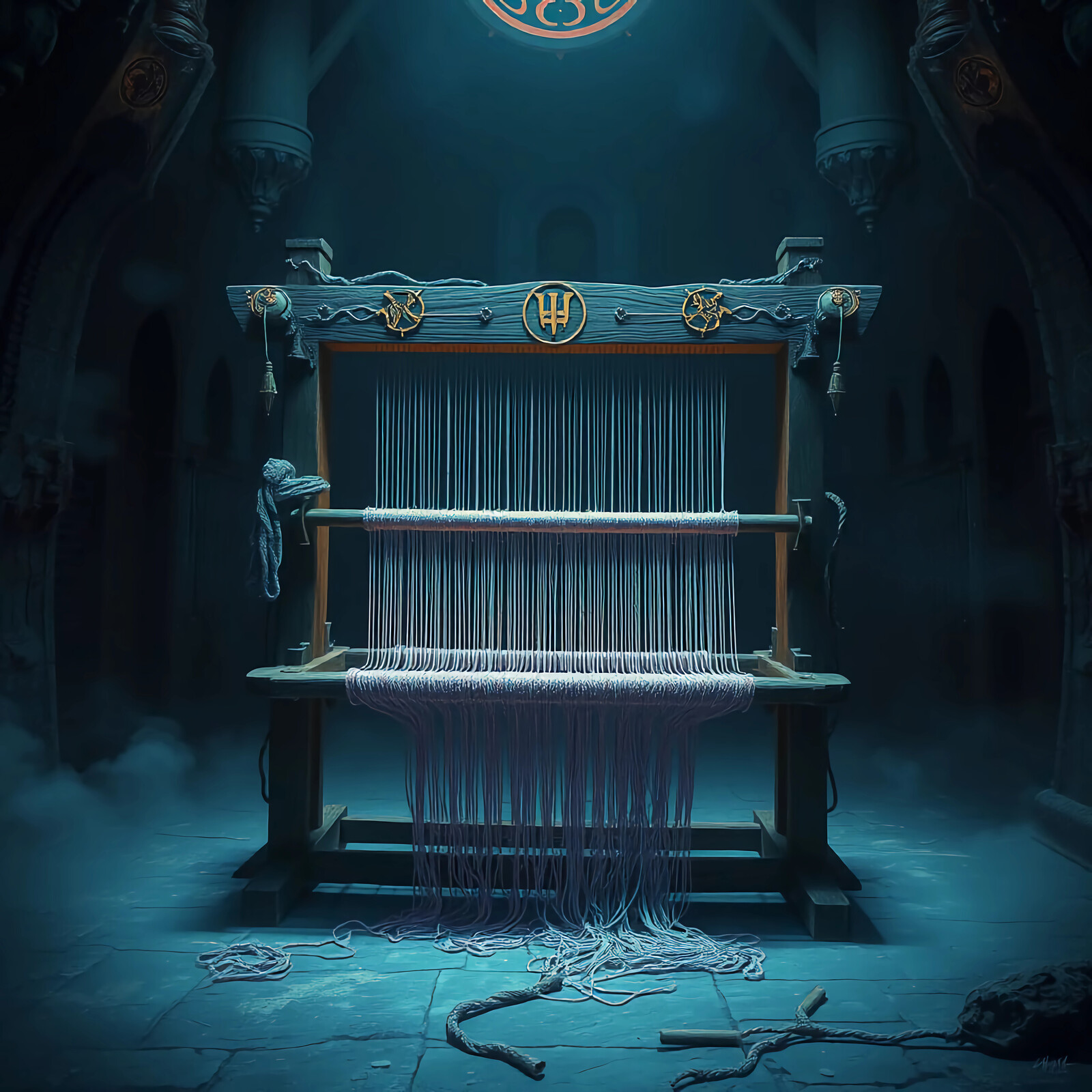 Mystical loom in an ancient, dimly lit chamber weaving threads of fate