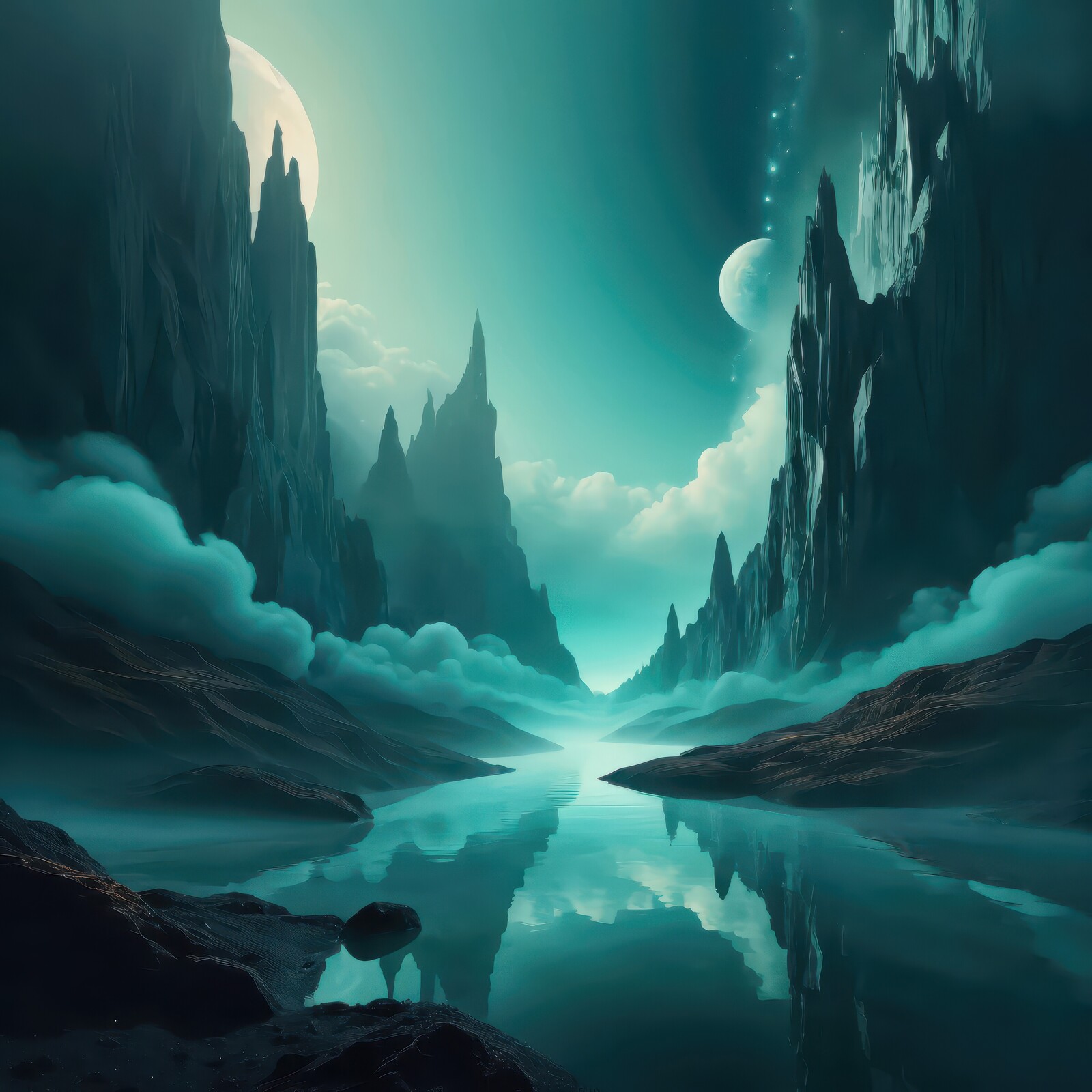Enchanting twilight over mystical mountains and a shimmering river reflecting the cosmos in tranquil serenity