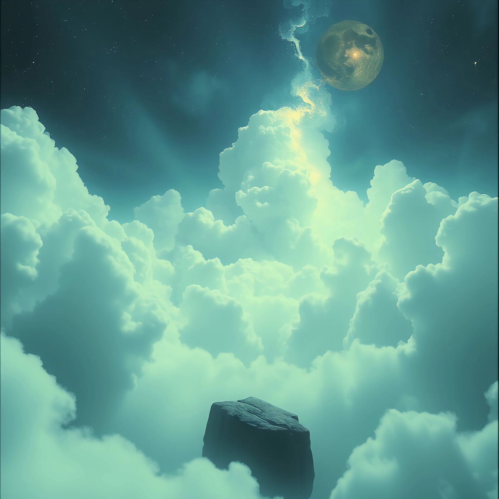 Mystical night sky filled with swirling clouds and a glowing moon over a rocky peak