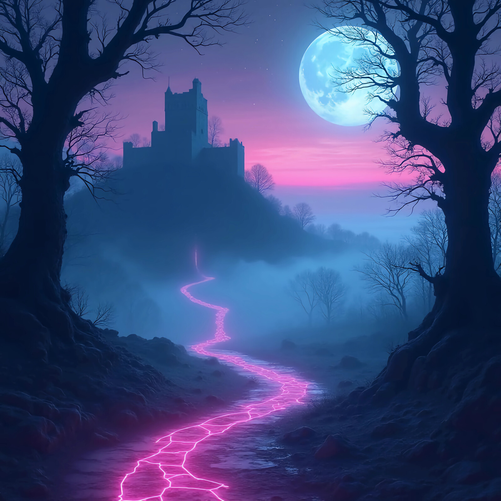 Mystical path leading to an ancient castle under a glowing full moon in a twilight sky
