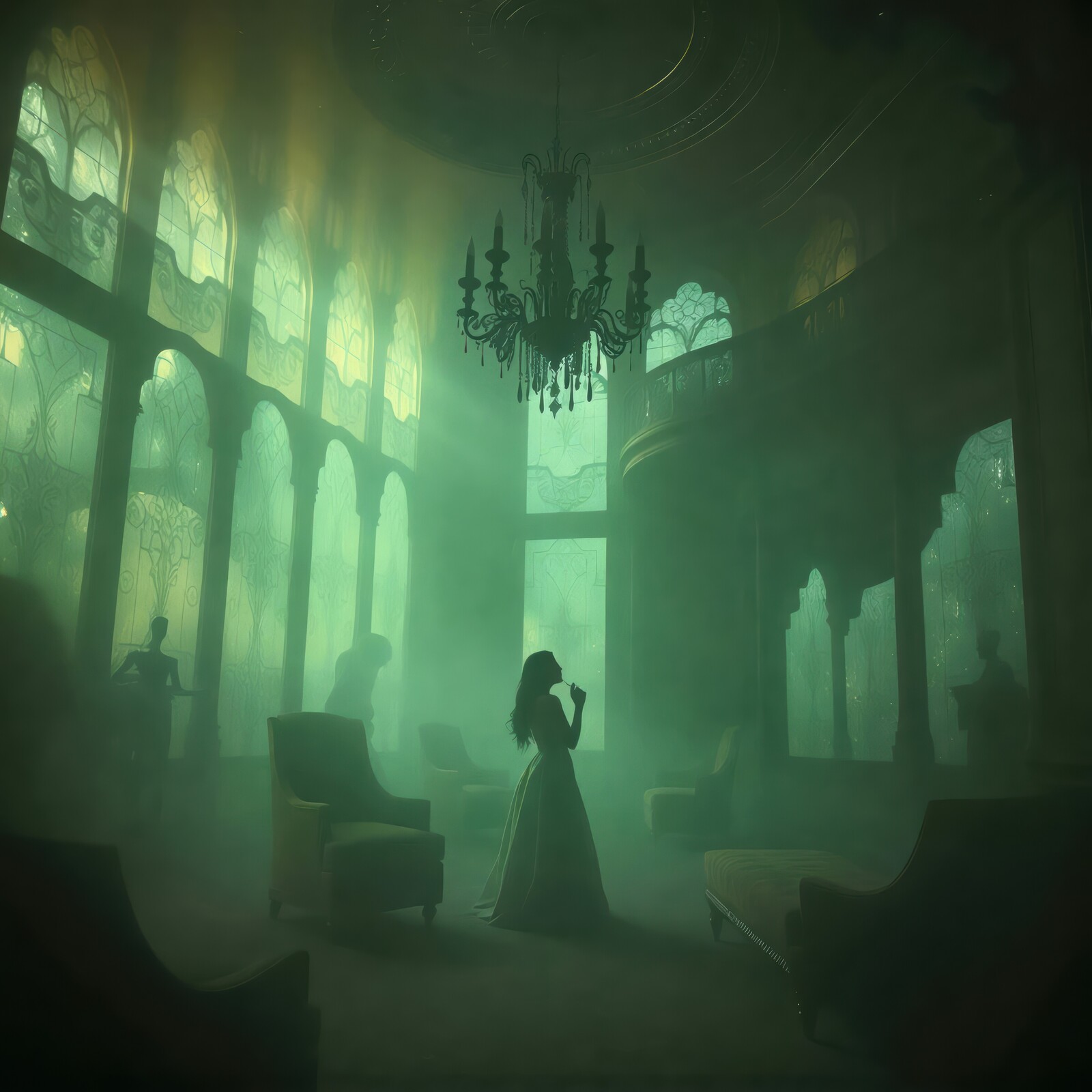 Mystical silhouette in an enchanted, fog-laden hall of forgotten grandeur at twilight