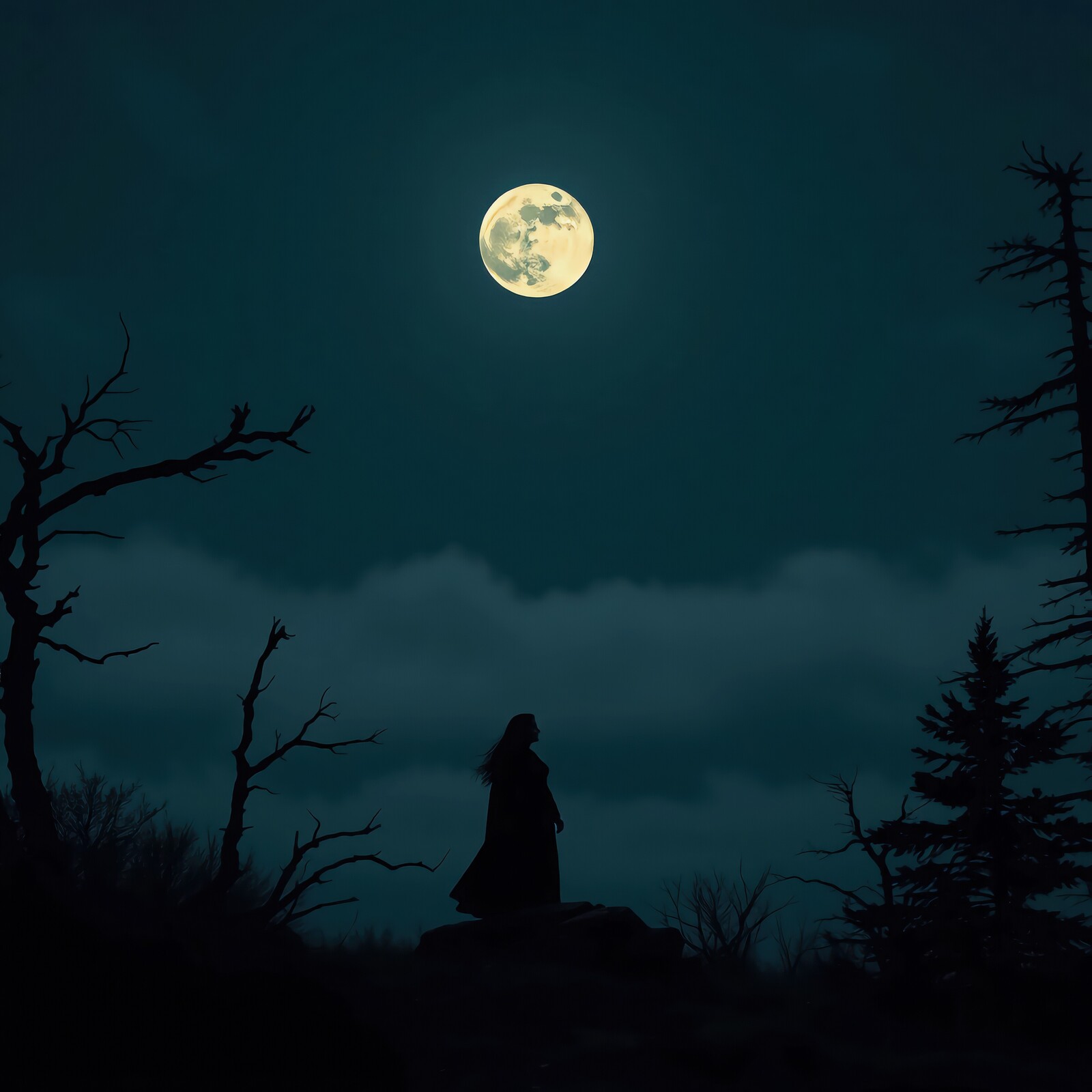 Mystical silhouette stands under a glowing full moon in a dark, shadowy forest at night