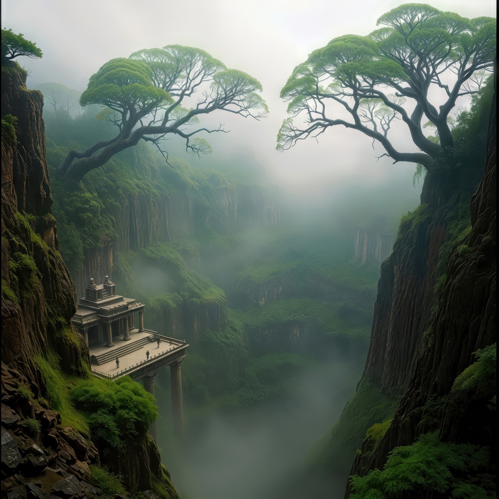 Mystical valley with ancient temple nestled between colossal trees at dawn