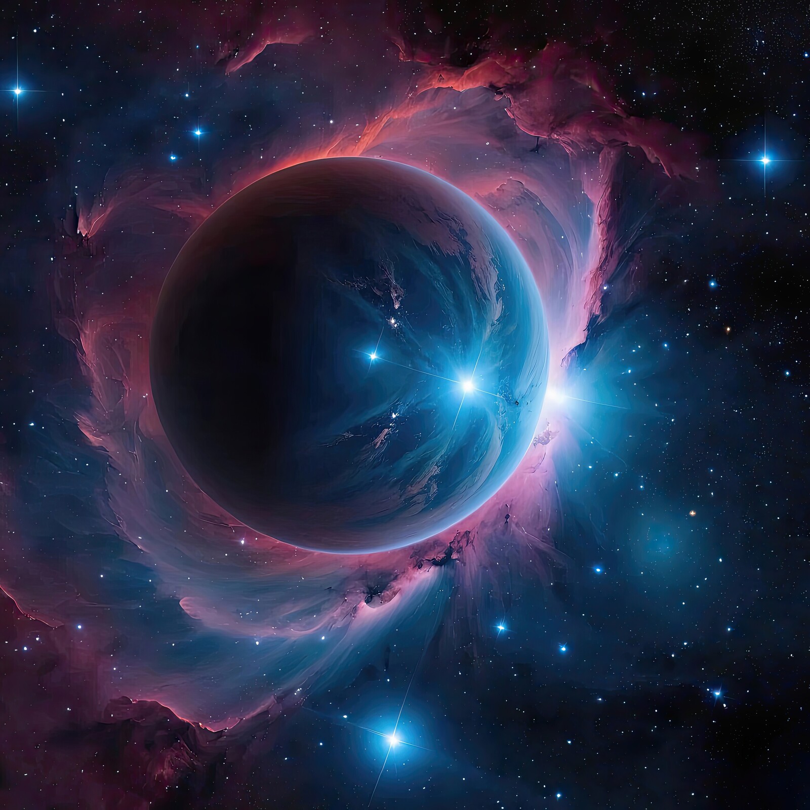 Celestial wonder of a vibrant nebula surrounding a mysterious planet in a distant galaxy