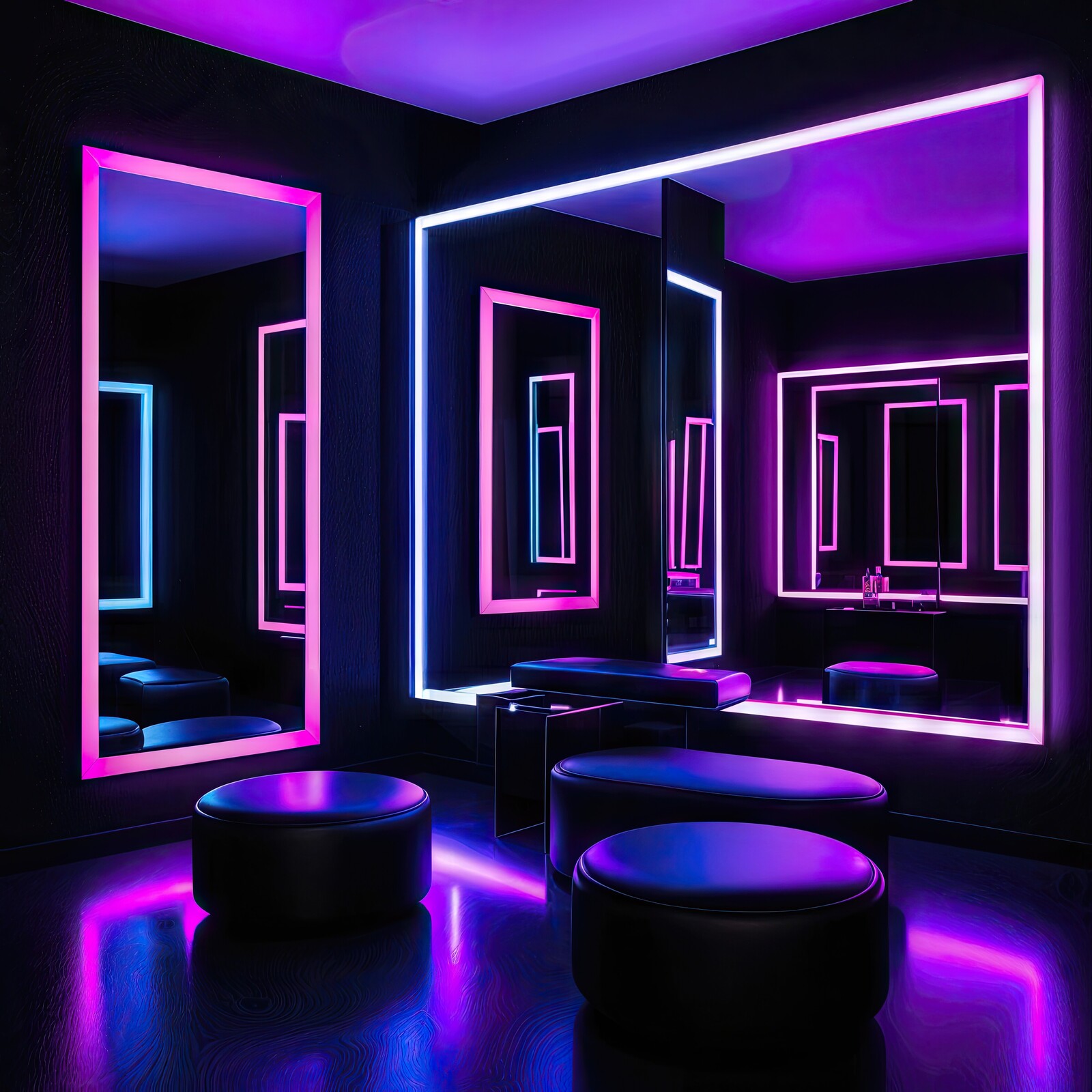 Neon-lit interior with glowing mirrors and stylish seating inviting a vibrant atmosphere for social gatherings