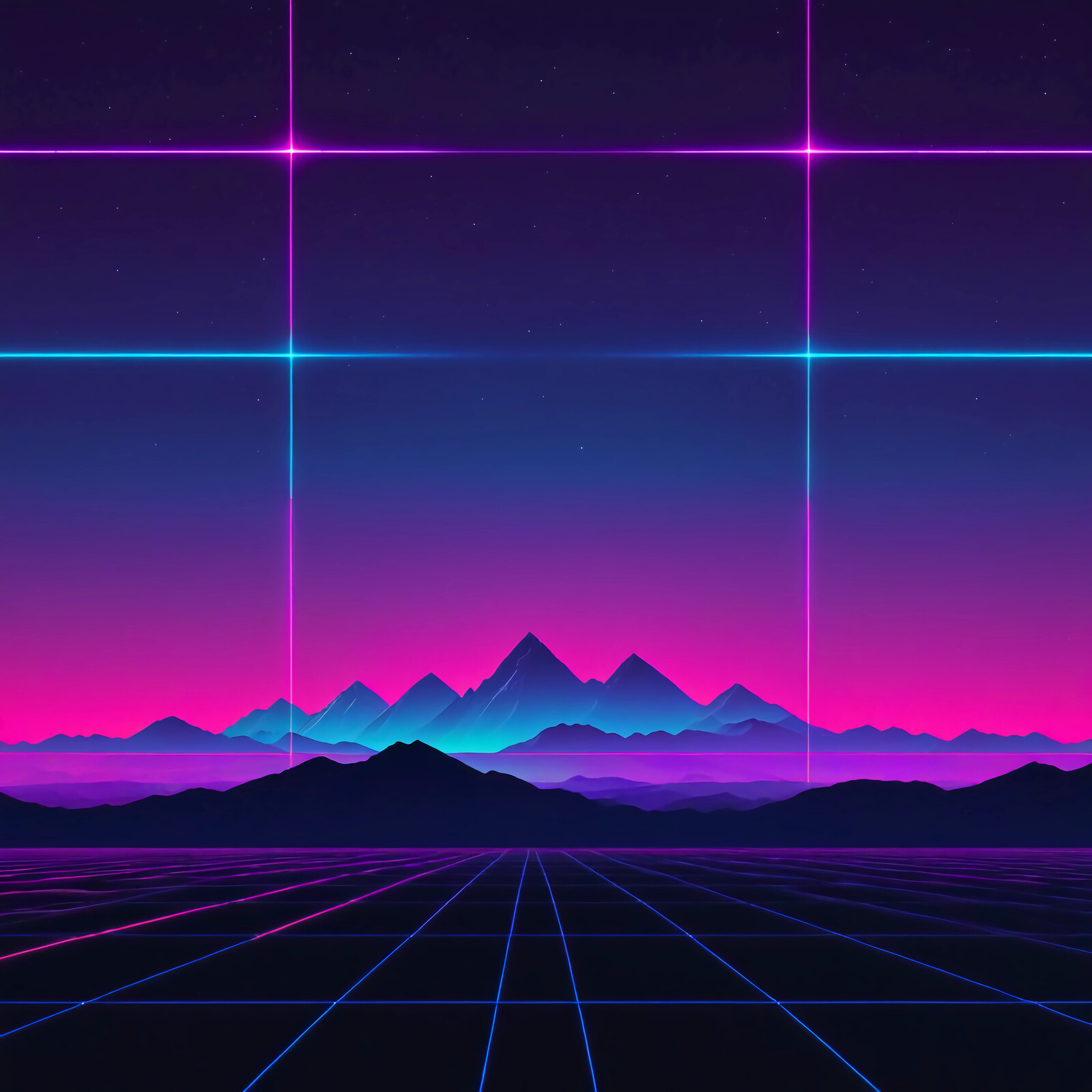 Neon synthwave mountains basking in the twilight glow of a virtual landscape filled with vibrant hues and starry skies