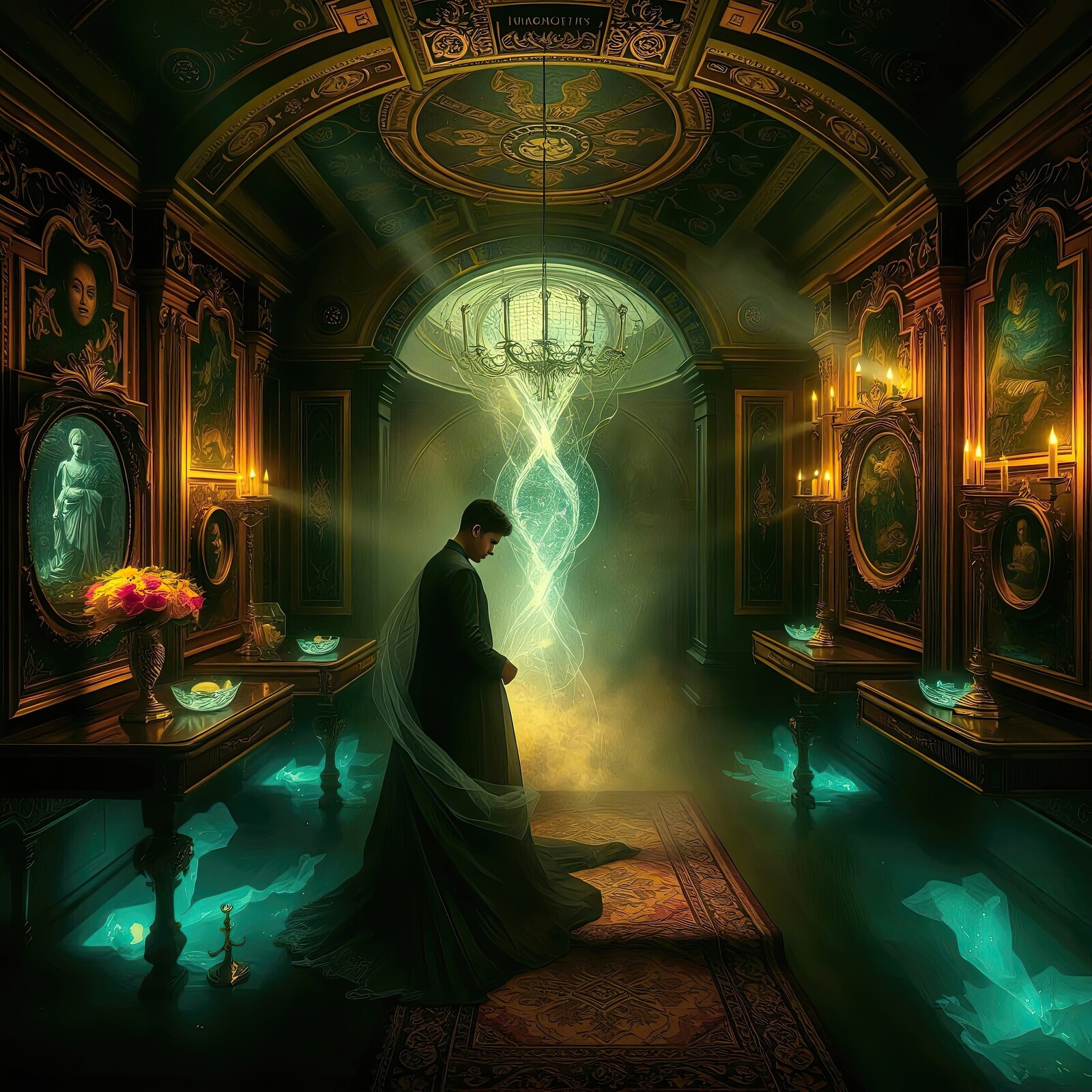 Enigmatic figure stands in an ornate chamber illuminated by mystical light and surrounded by rich history