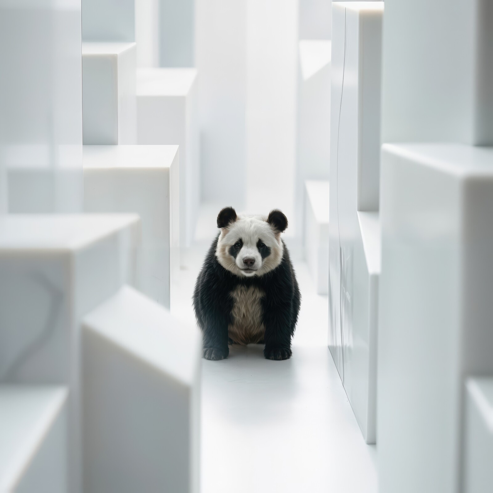 Panda exploring a serene, modern maze of white marble structures in a tranquil environment
