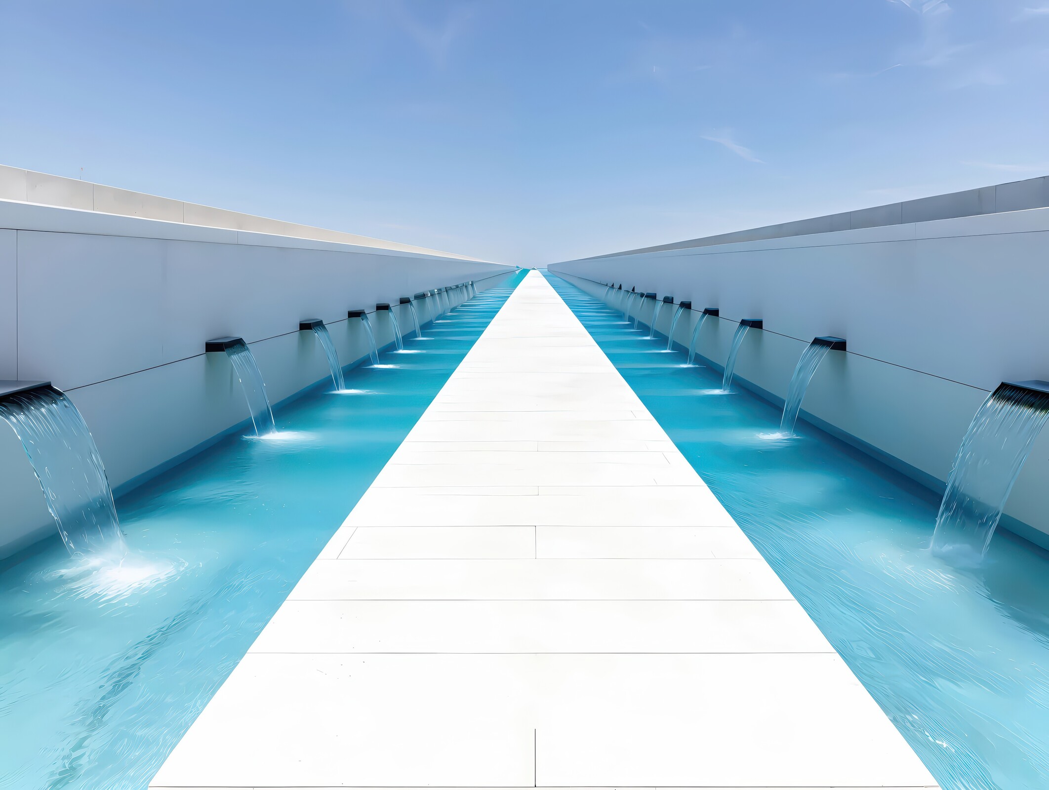 Reflective waters dance beneath a vibrant sky in a modern architectural marvel