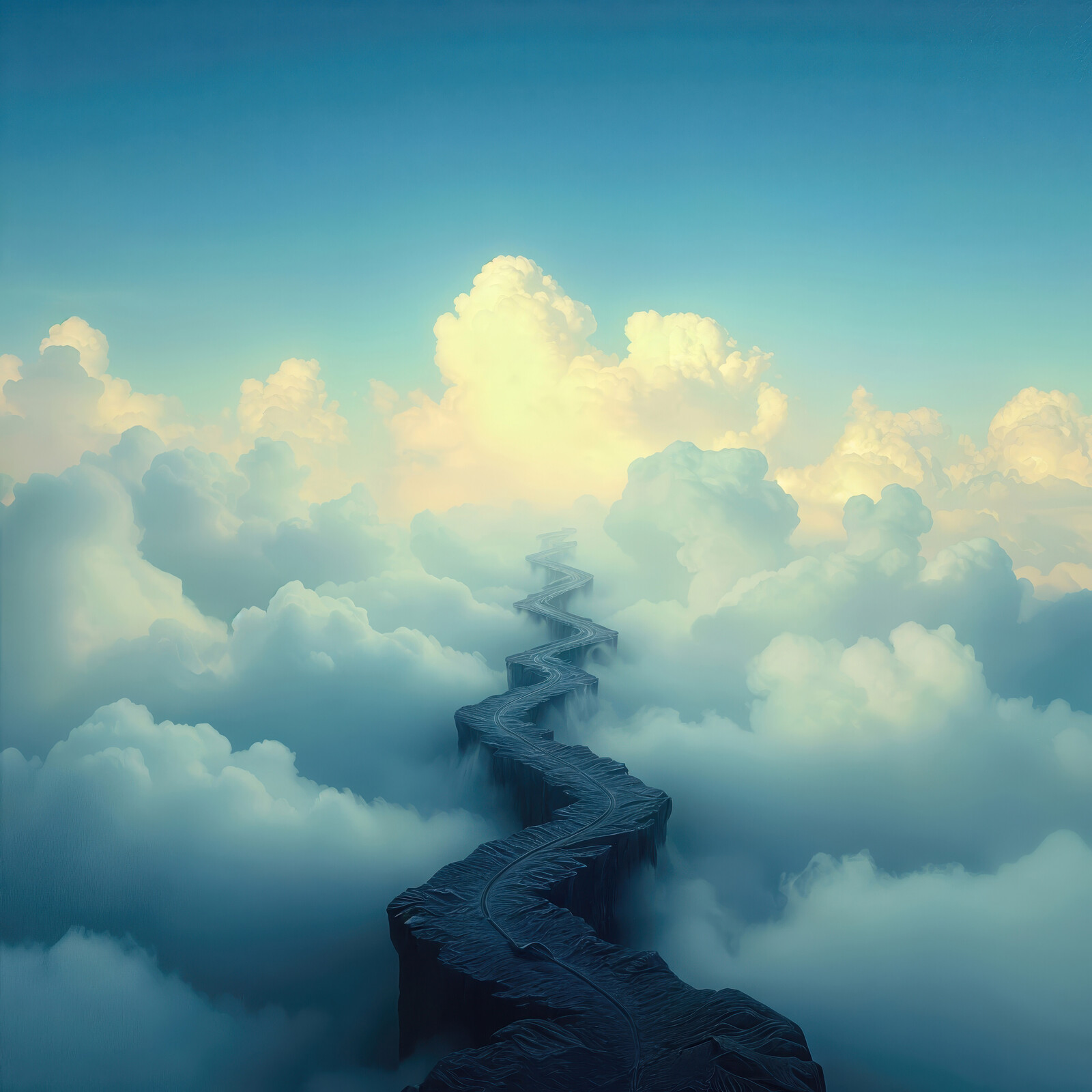 Pathway through the clouds leading to a serene horizon at twilight in a dreamy landscape