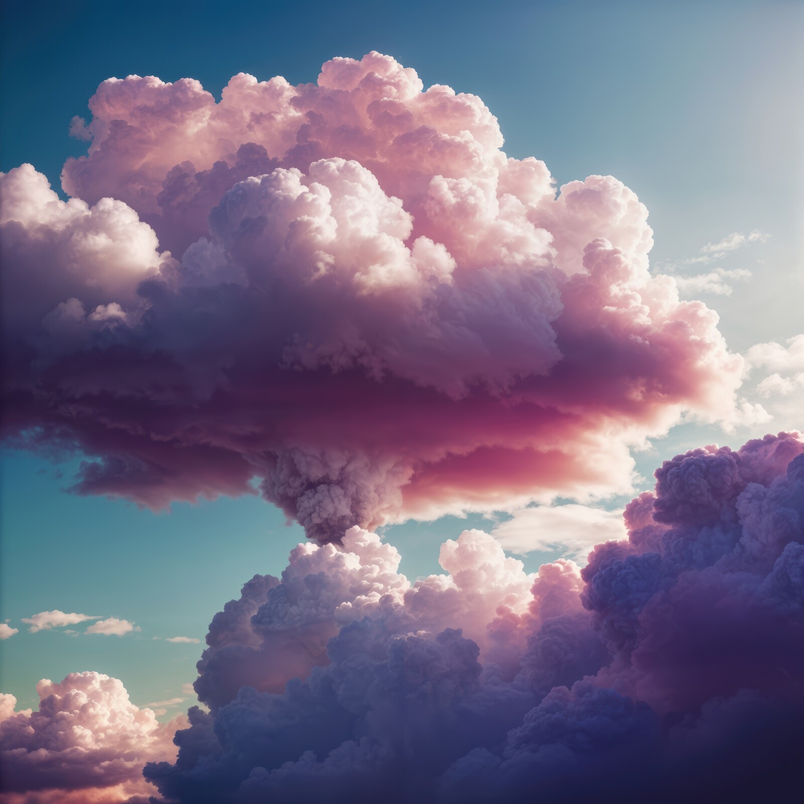 Majestic pink clouds rising against a serene sky during sunset in a tranquil atmosphere