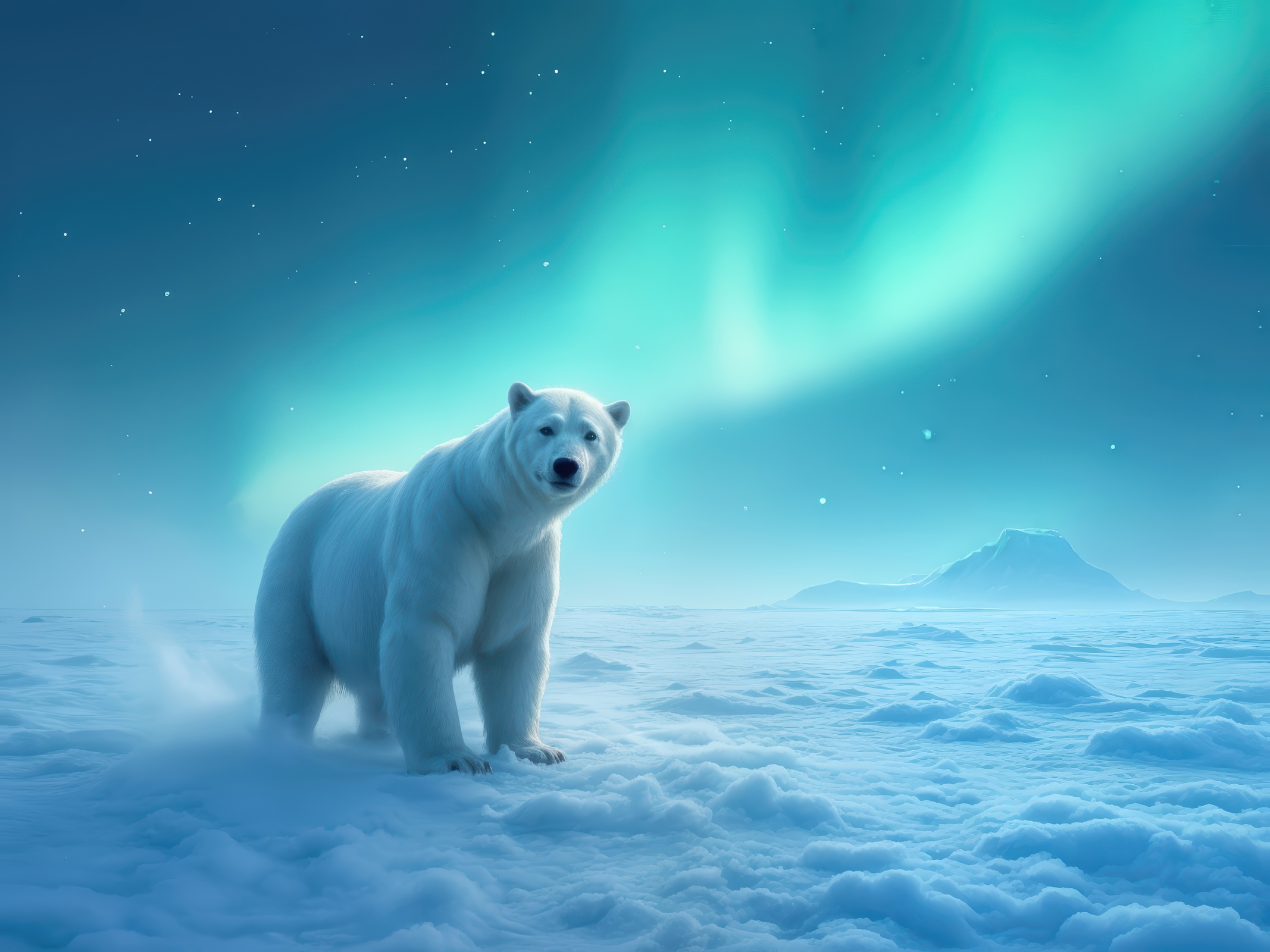Polar bear stands majestically under the shimmering northern lights in a mystical arctic landscape at twilight
