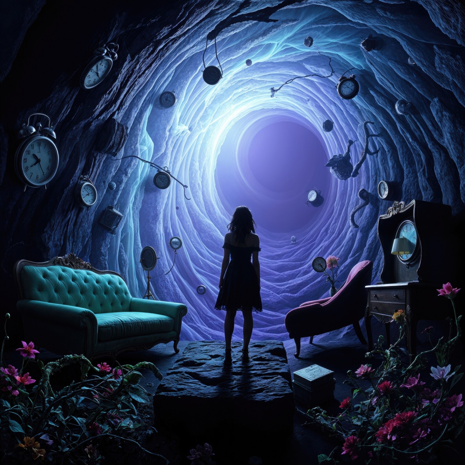 Exploring a whimsical realm with time, clocks, and mysterious pathways at twilight
