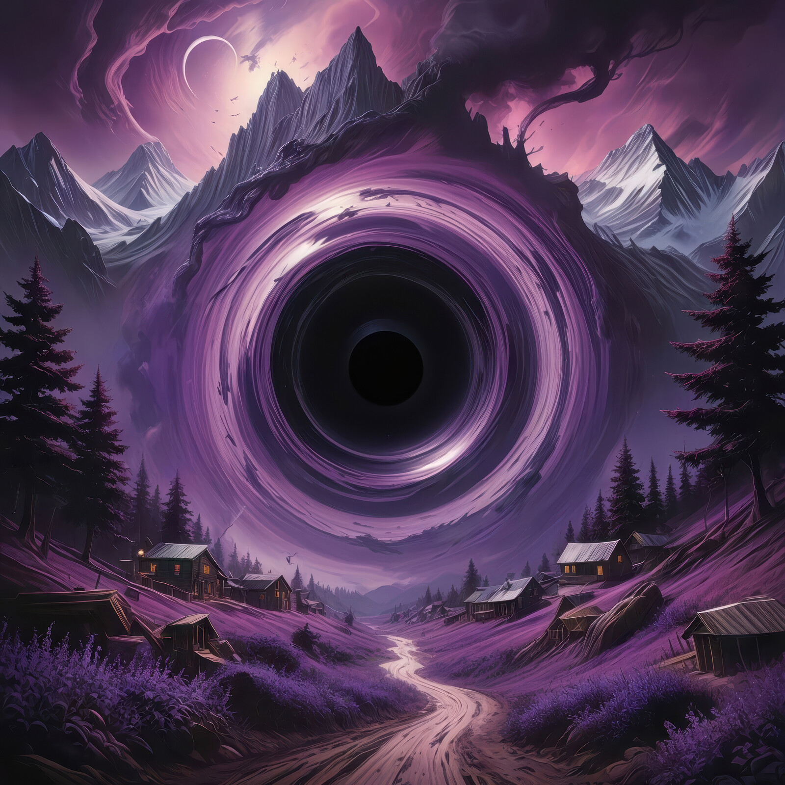 Mystical portal in a serene valley surrounded by mountains at twilight evokes wonder and contemplation