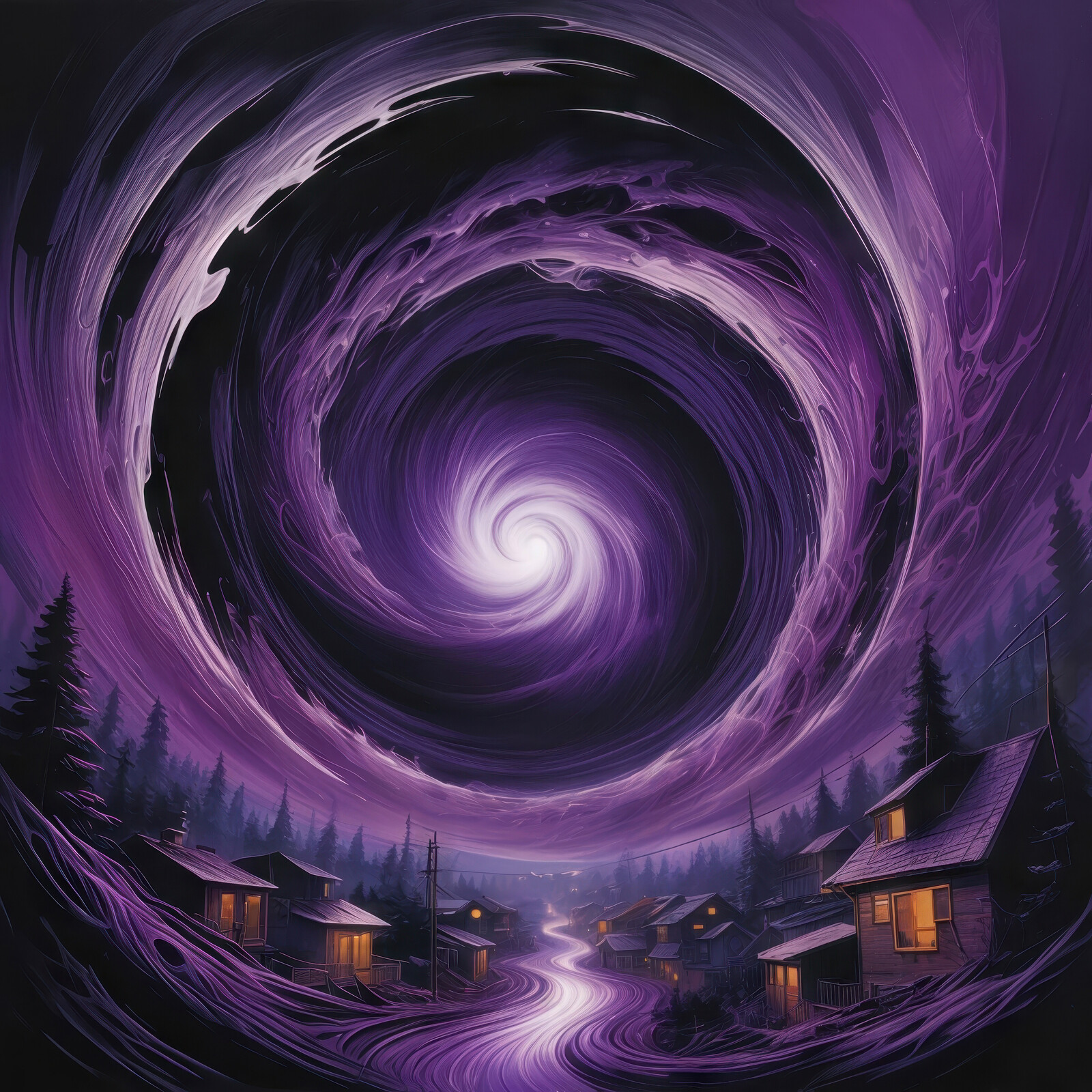 Mysterious portal twists above a quiet village nestled in a twilight wilderness