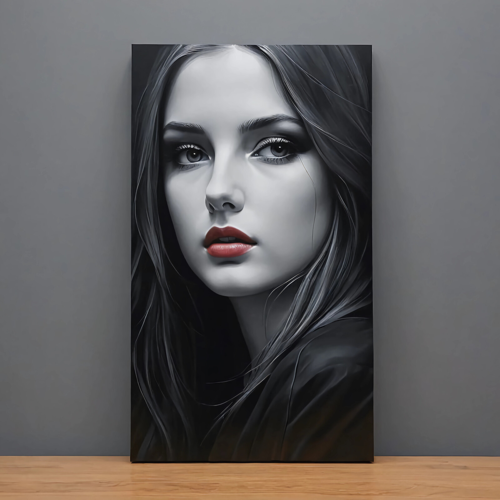 Captivating portrait of a young woman with striking features and intense gaze against a minimalist background
