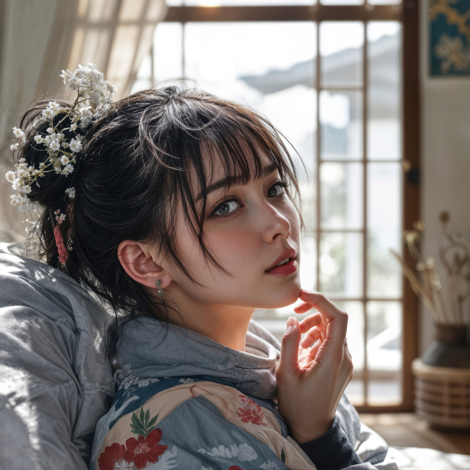Portrait of a young Japanese woman with delicate flowers in her hair during a serene afternoon in a traditional room