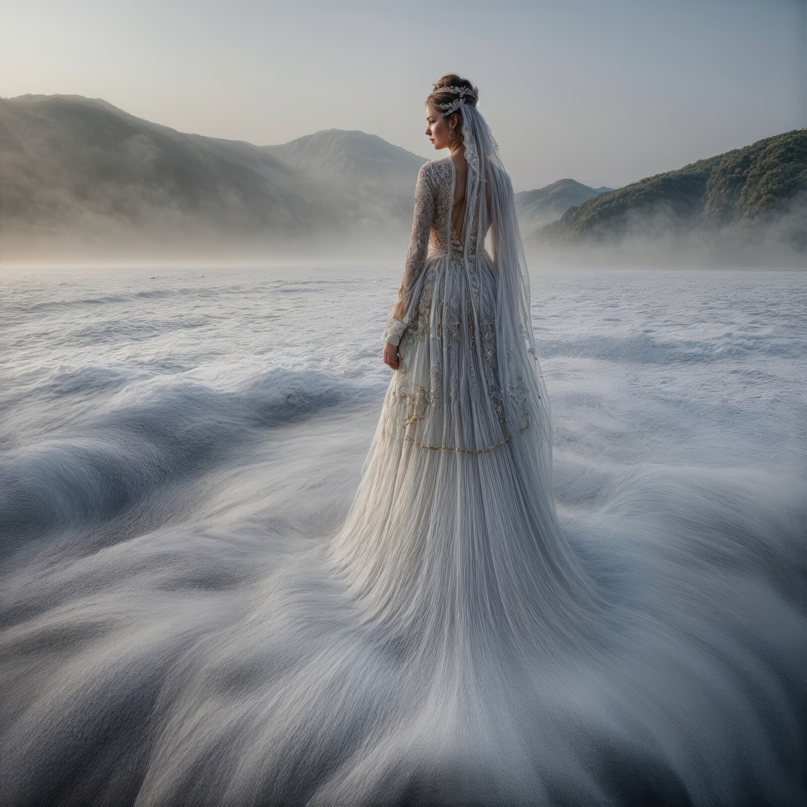 Ethereal water goddess walking through misty landscape at dawn, a moment of serene beauty and elegance