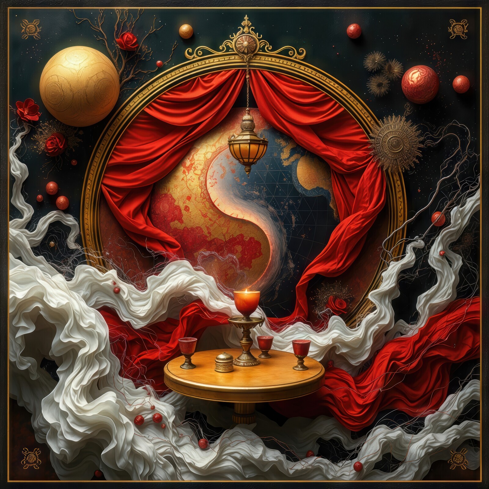 Red curtains unveil a mystical table adorned with cups and cosmic elements against swirling mists