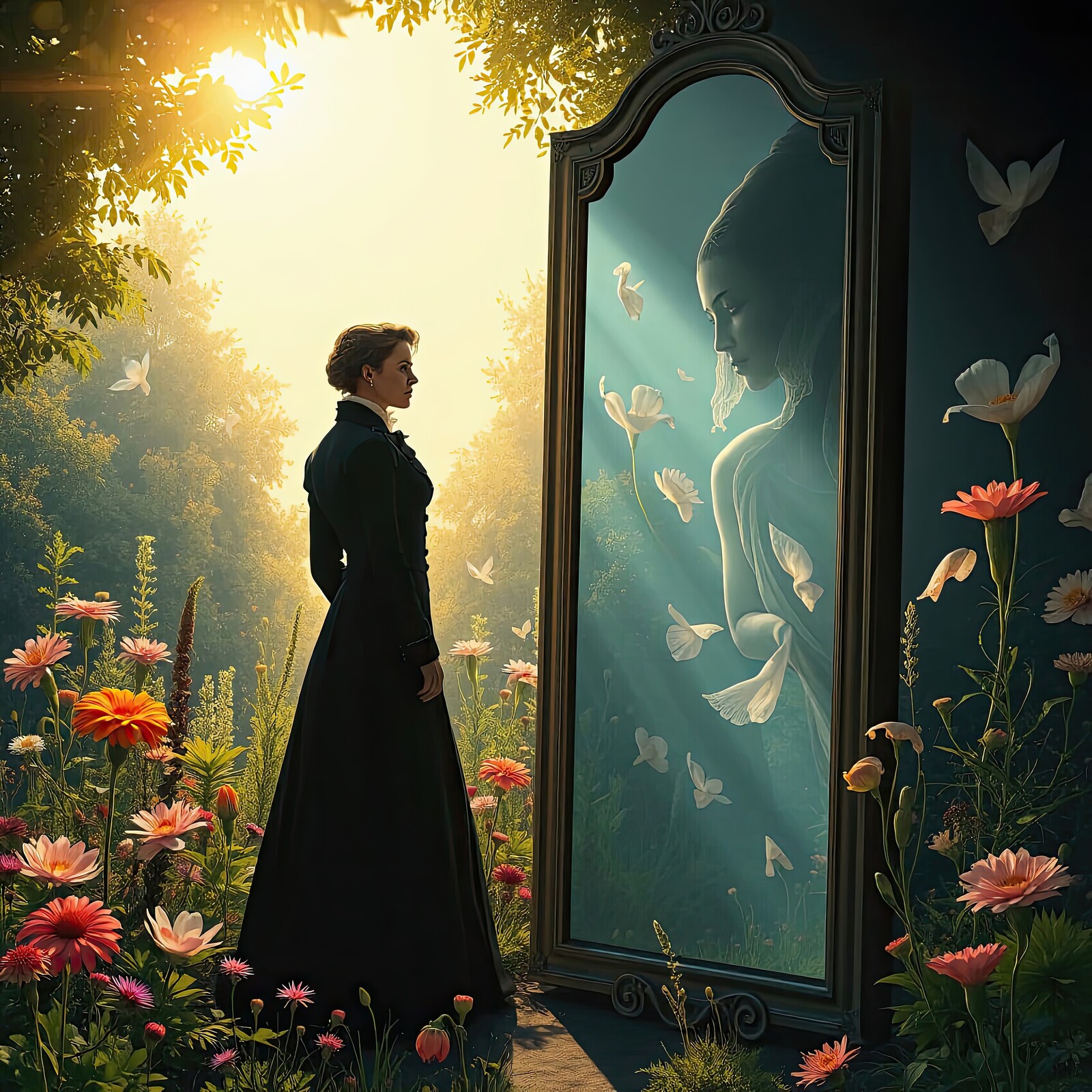 Reflections of beauty in a vibrant garden at dawn creates a magical atmosphere with ethereal elements