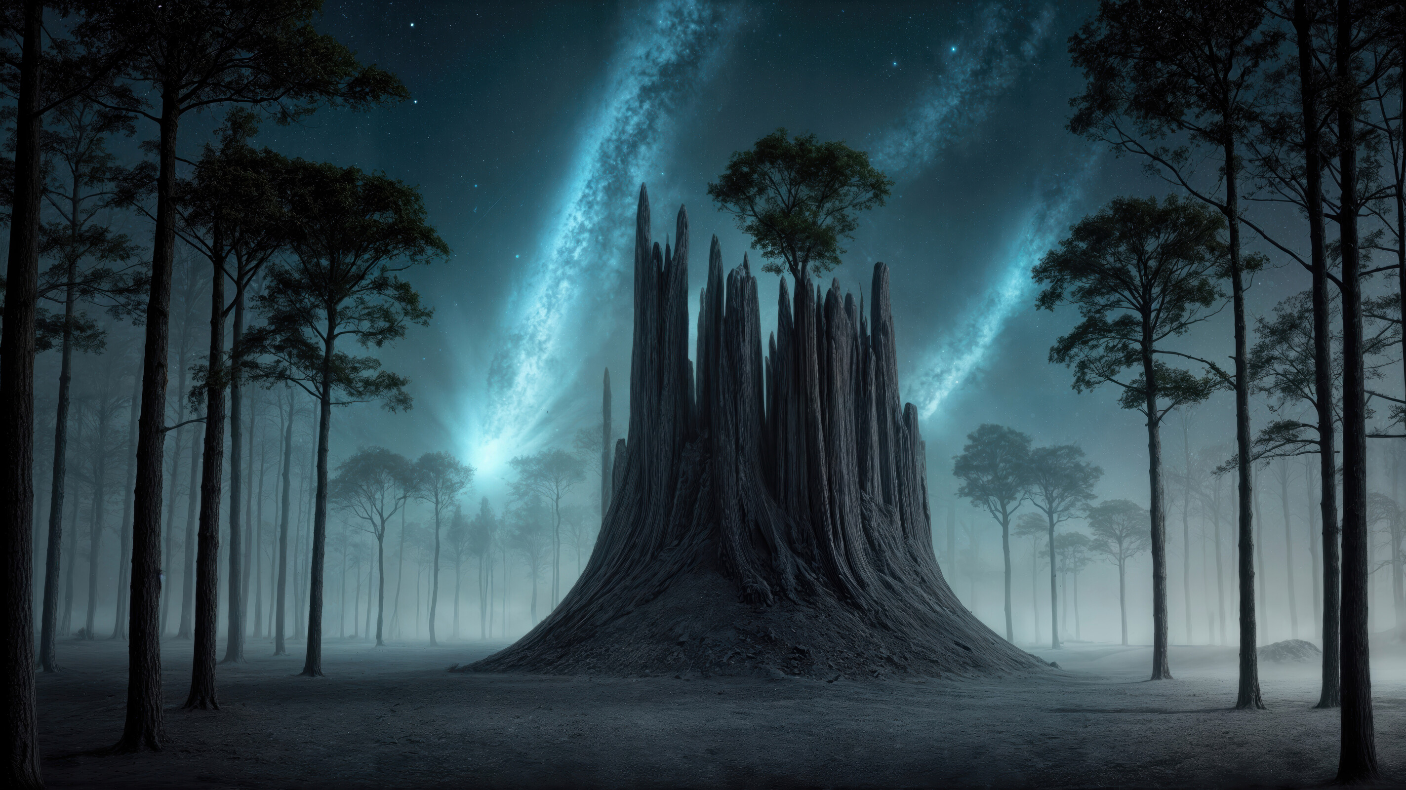 Majestic rock formation under a starry night sky illuminates a surreal landscape with trees