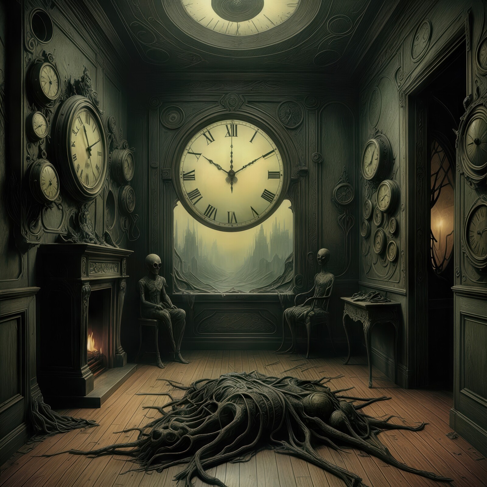 Mystical room filled with clocks and eerie figures captures the essence of time's haunting passage